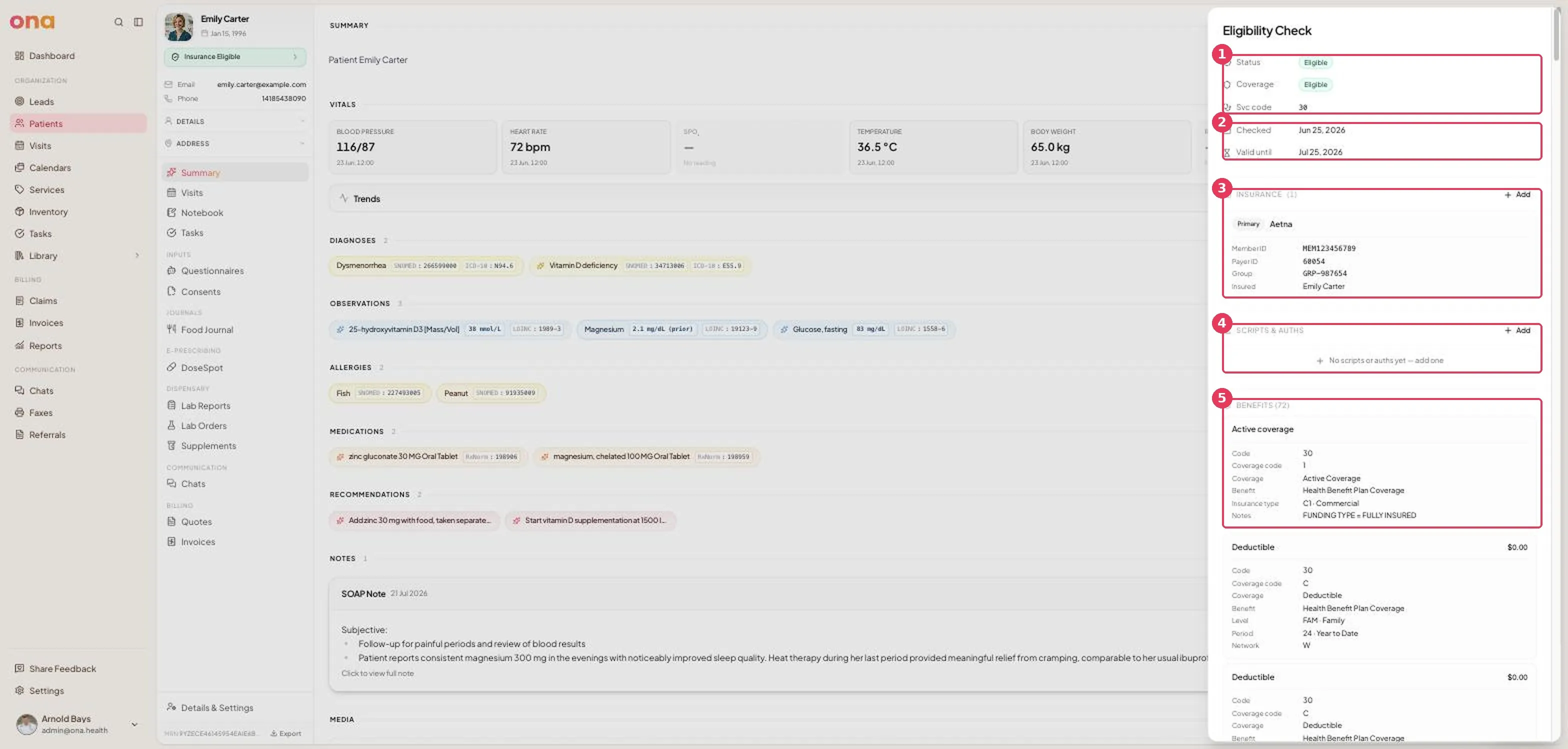 The visit insurance eligibility panel shows the patient’s eligibility result, insurance section, scripts and authorizations, and benefit details.