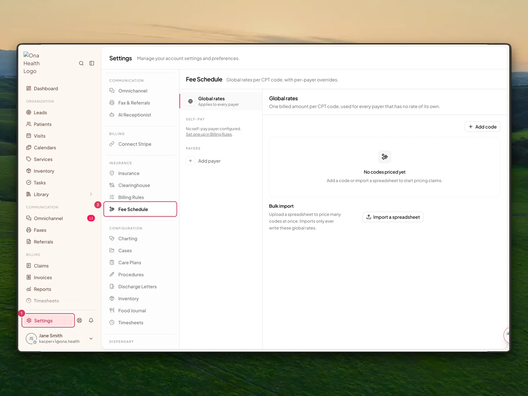 The Fee Schedule settings page is open with Settings highlighted in the left sidebar and Fee Schedule highlighted in the Insurance settings menu.