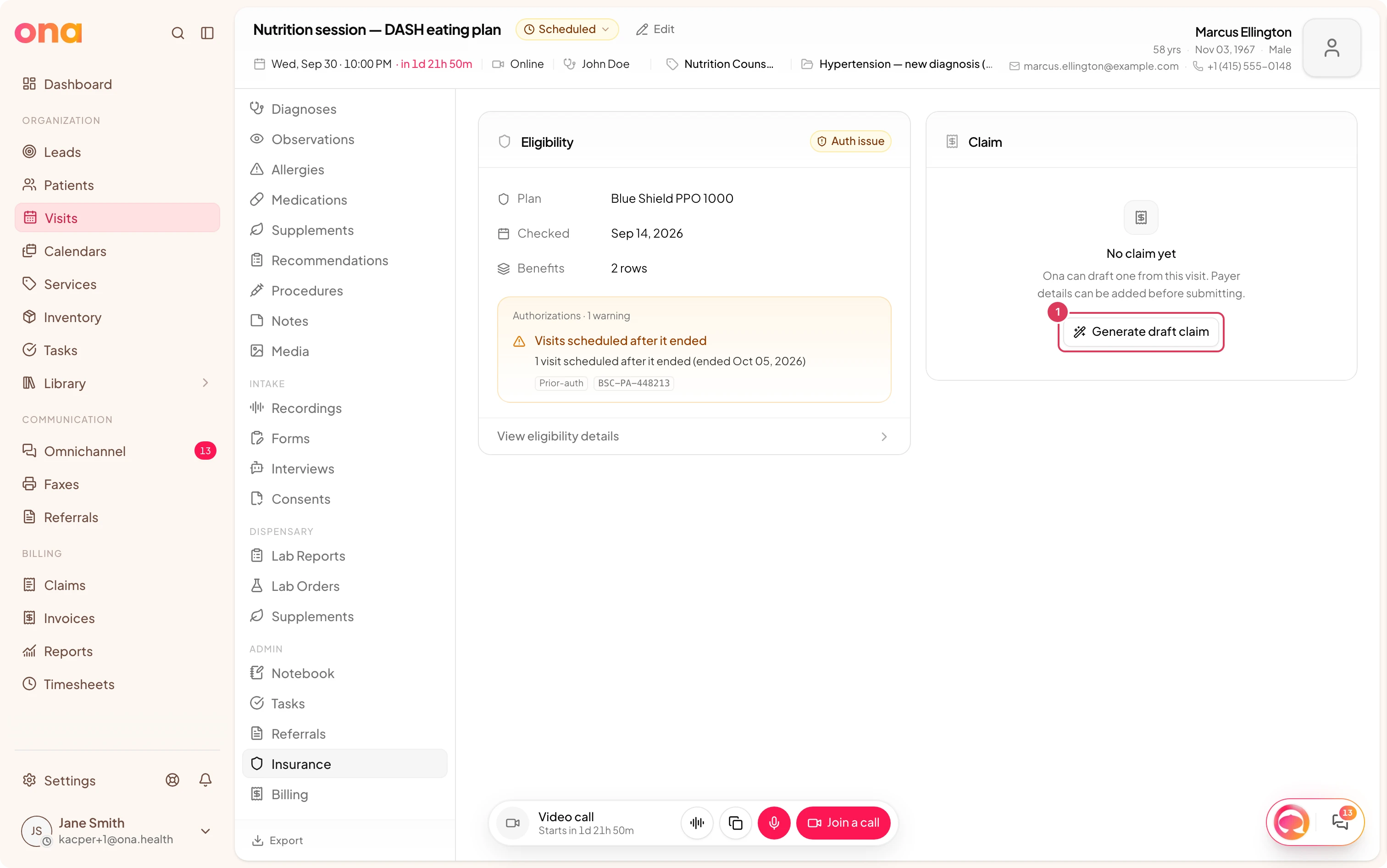 The visit Insurance page is loaded and cropped around the Claim card, which shows No claim yet and the Generate draft claim button.