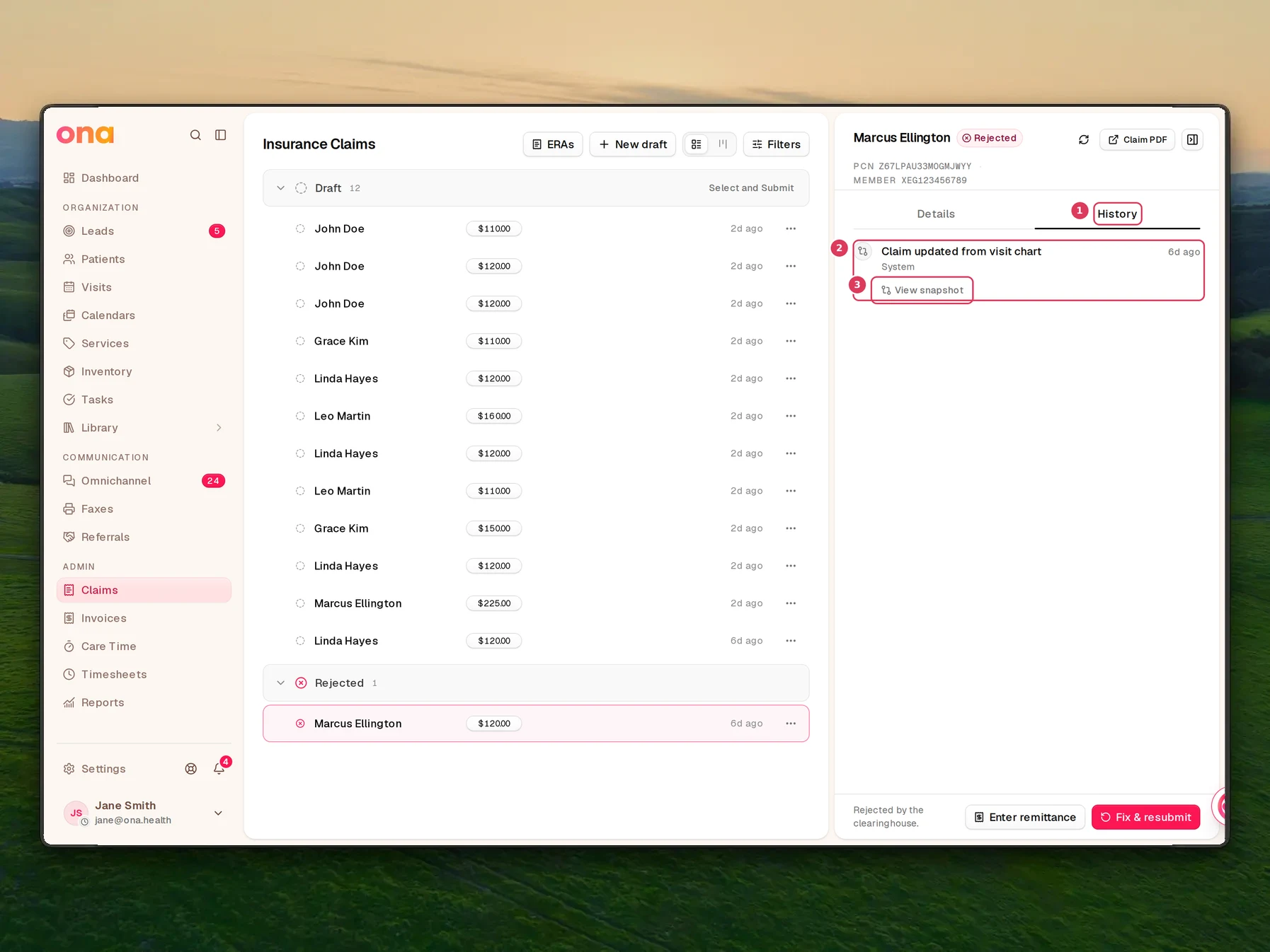 The claim detail panel is open on the History tab, showing a history timeline entry for a rejected claim and a View snapshot action.