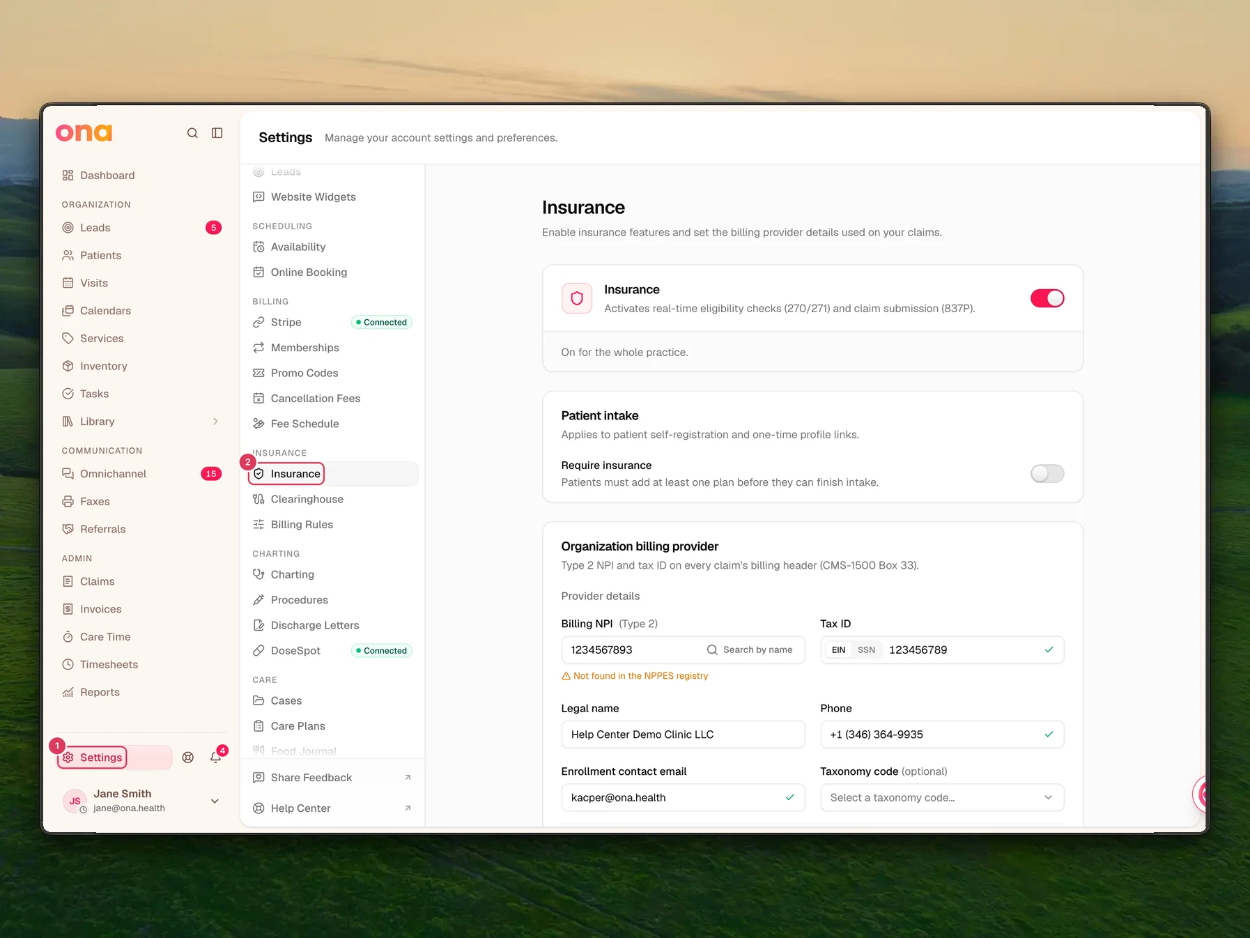 The Insurance settings page is open with Settings in the main sidebar and the Insurance item selected in the settings menu.