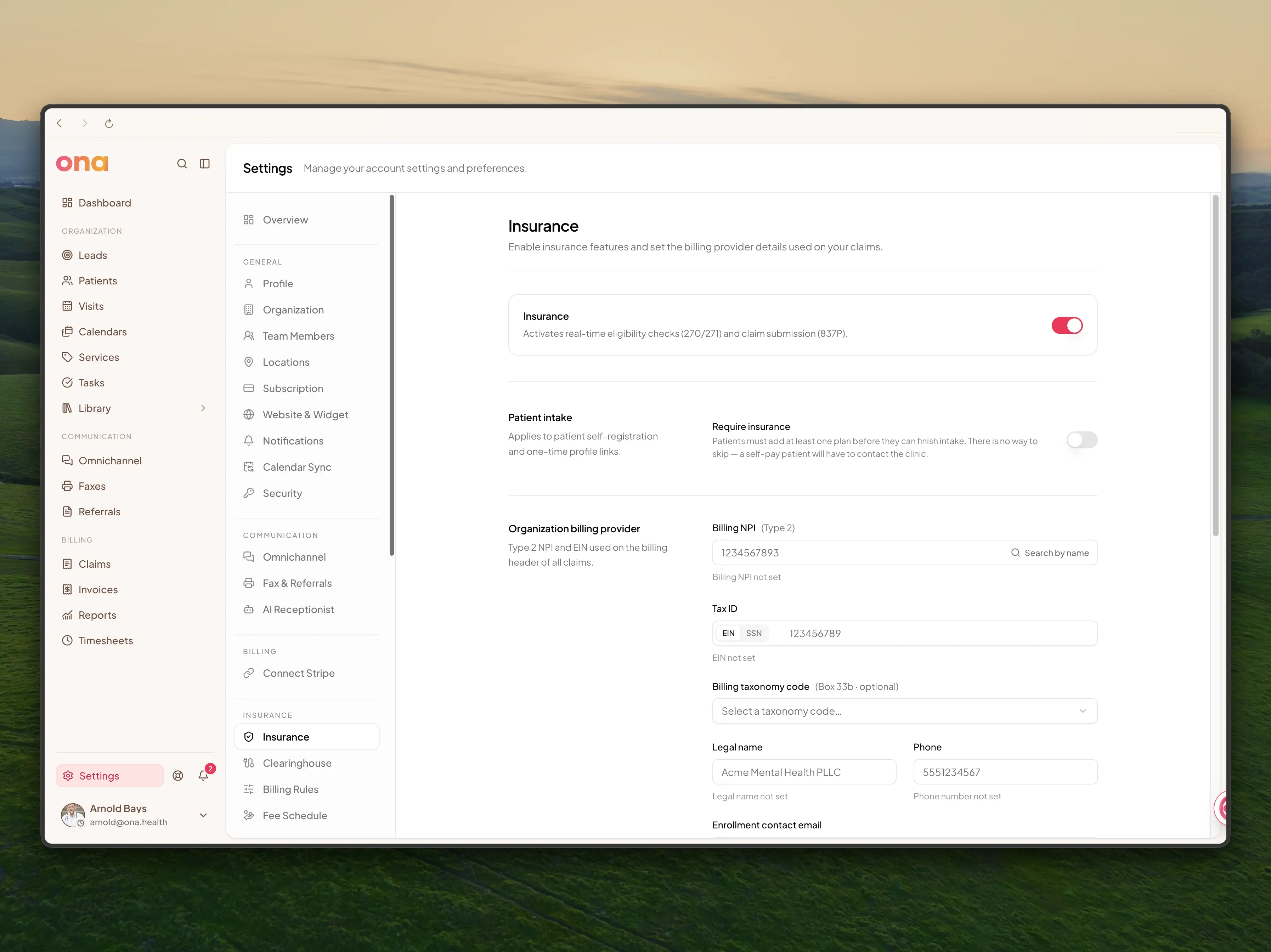 The Insurance settings page shows organization insurance settings, patient intake settings, billing provider details and rendering NPI sections.