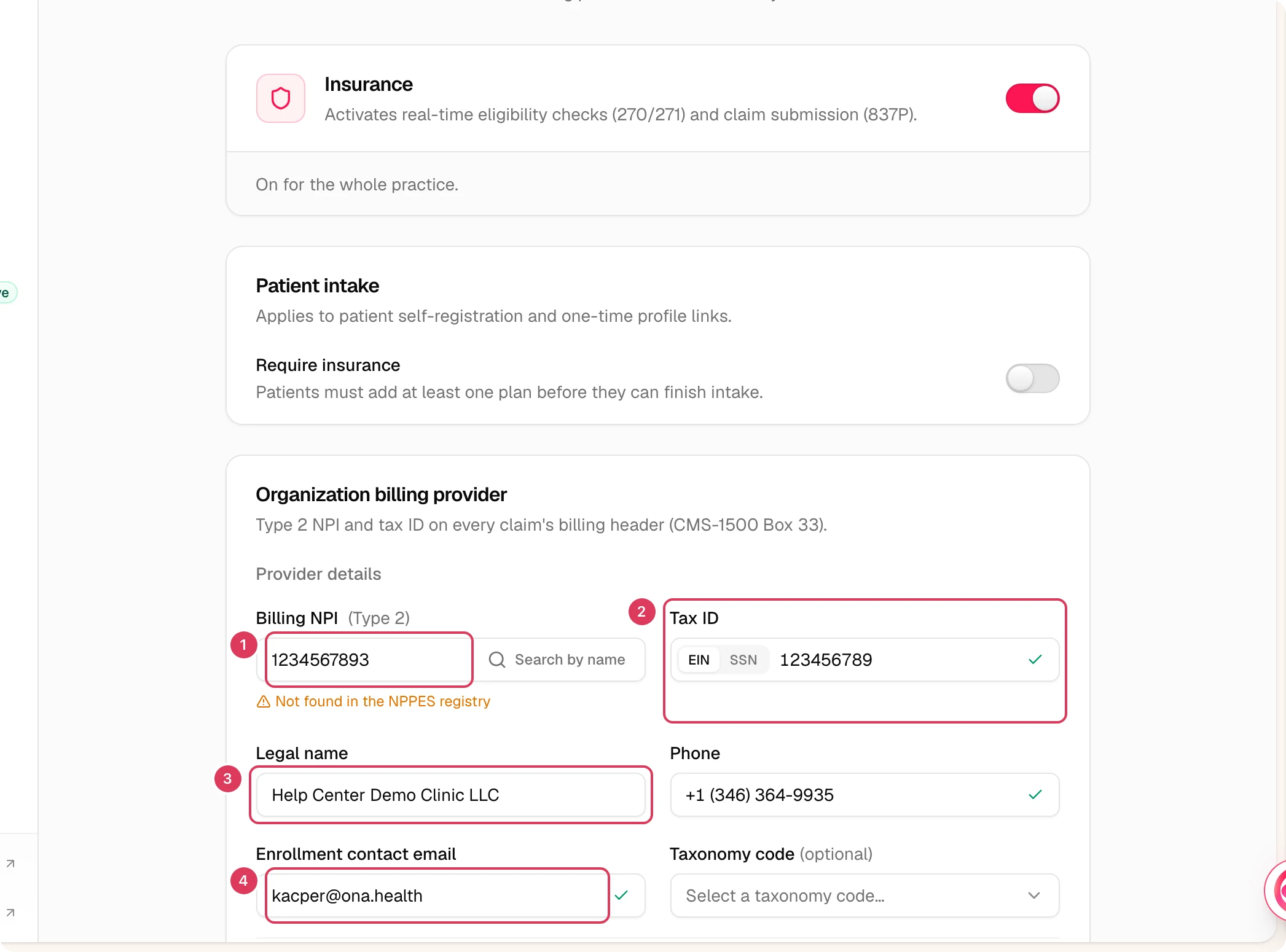 The Organization billing provider section is open, showing fields for Billing NPI, Tax ID, Legal name, and Enrollment contact email.