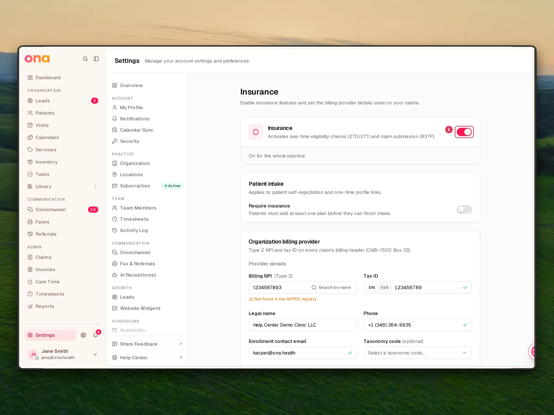 The Insurance settings page is open with the Insurance features switch in the main panel, and the page also shows patient intake, organization billing provider details, payers whitelist, benefits to show, and team rendering NPI sections below.