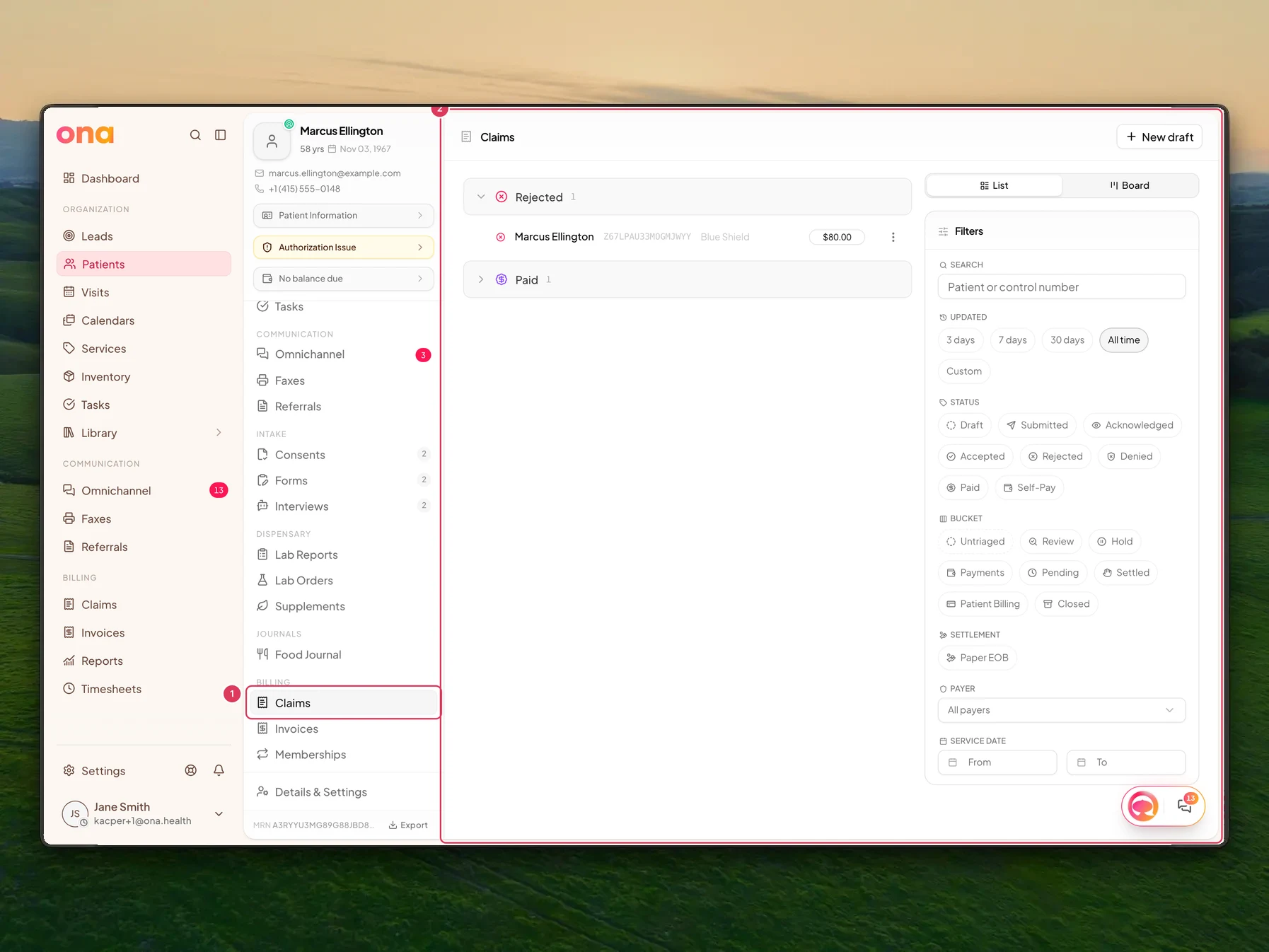Marcus Ellington's patient chart is open on the Claims tab, showing the patient-scoped claims view in the chart navigation.