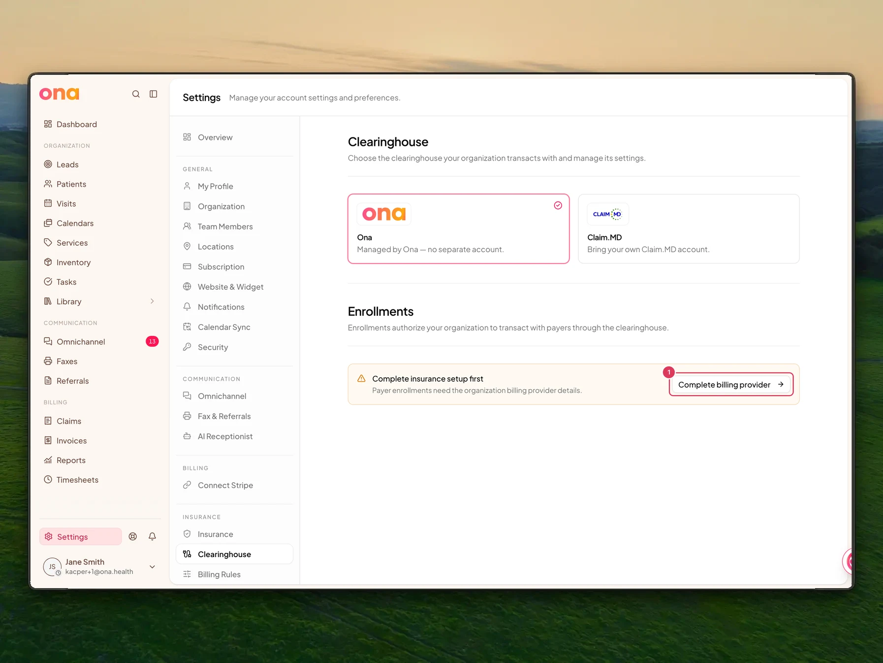 The Clearinghouse settings page shows the Enrollments section with a message that payer enrollments need the organization billing provider details and a Complete billing provider link.