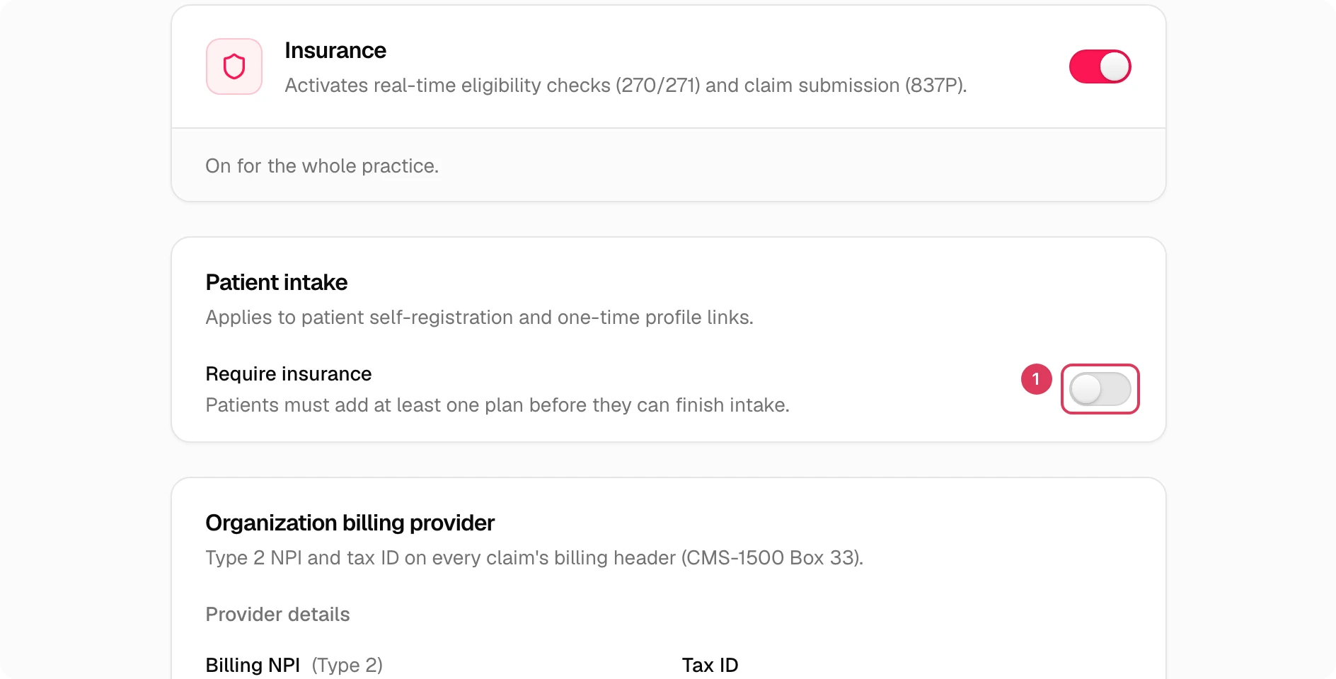 The Patient intake region in Insurance settings is visible with the Require insurance switch highlighted.