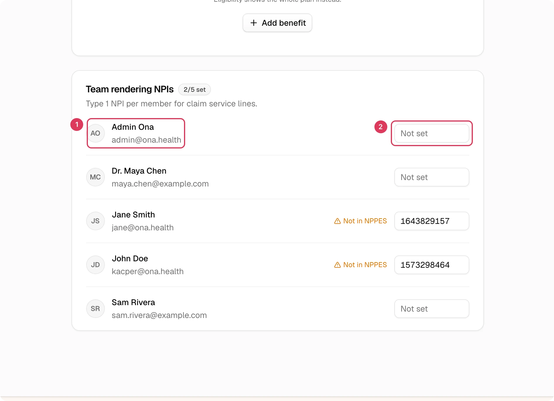 The Team rendering NPIs region shows a table of team members with columns for name, email, and a Rendering NPI field for each provider.