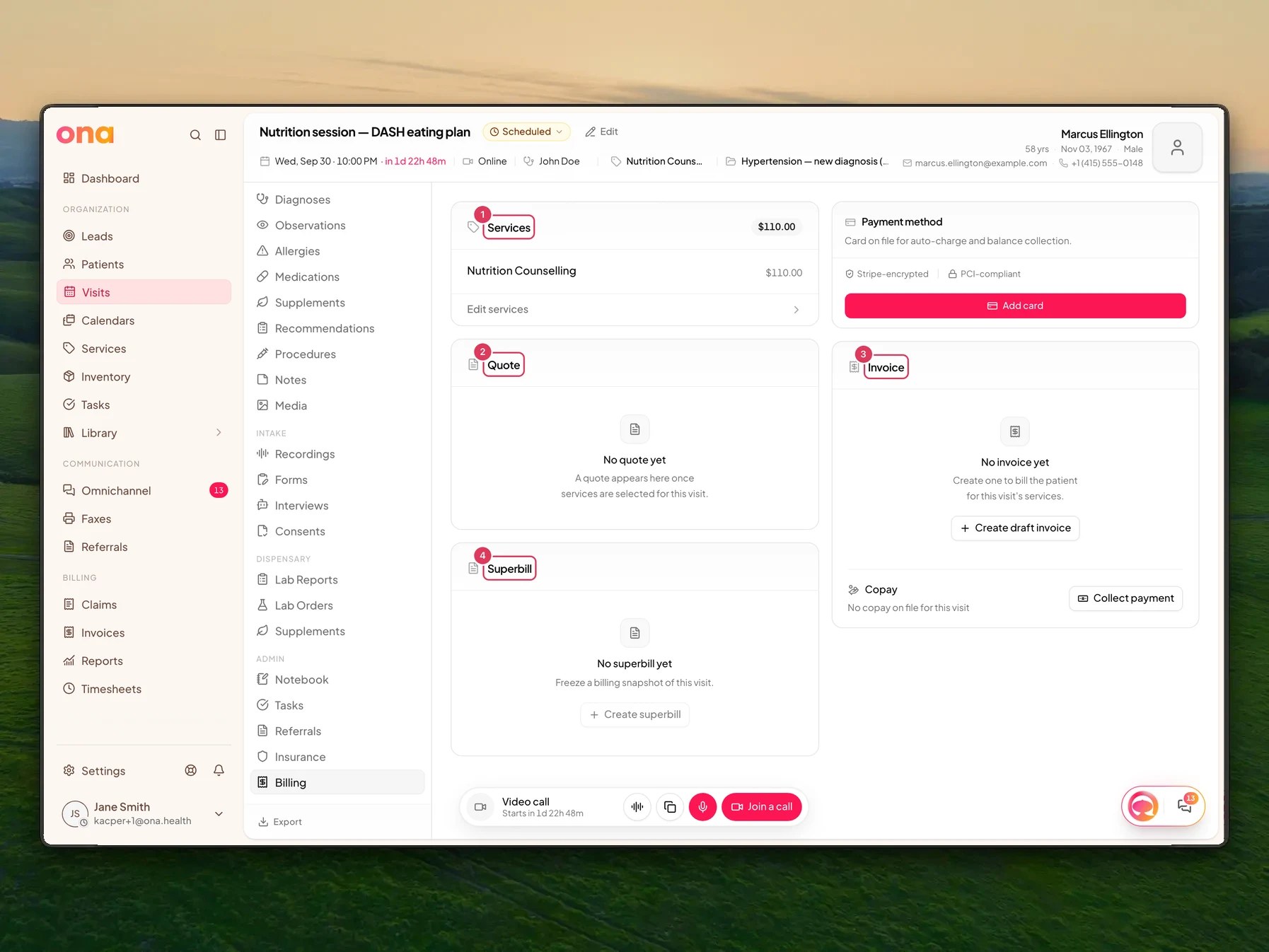 The visit Billing page shows cards for Services, Quote, Invoice, and Superbill so the user can review billing information before creating a superbill.