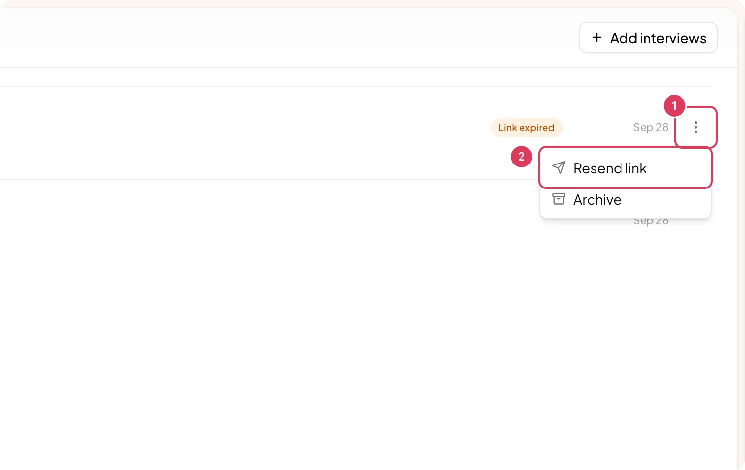 An in-progress interview row has its actions menu open, showing the Resend link option.