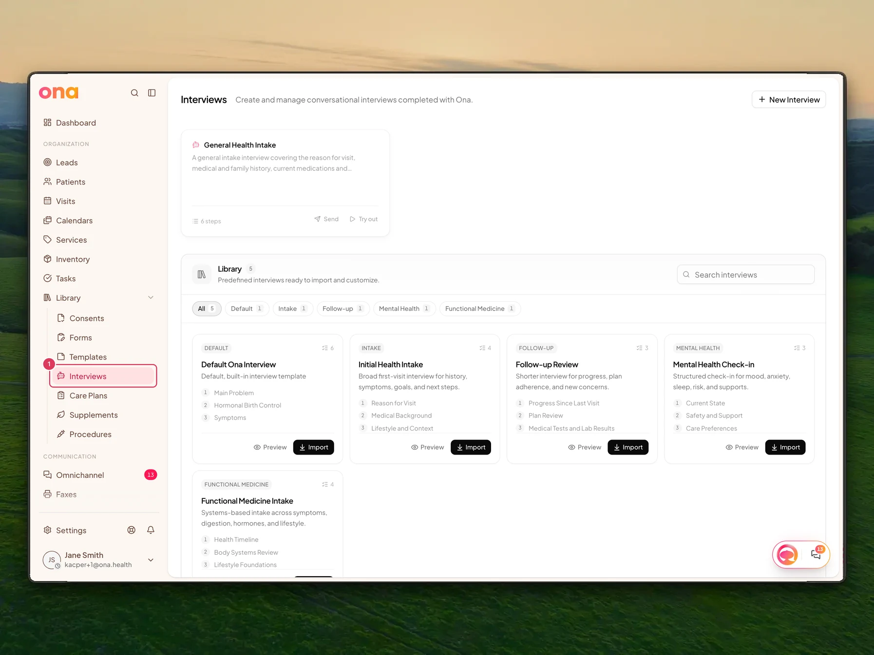 The main Interviews page is open from the left sidebar, showing interview template cards in the workspace.