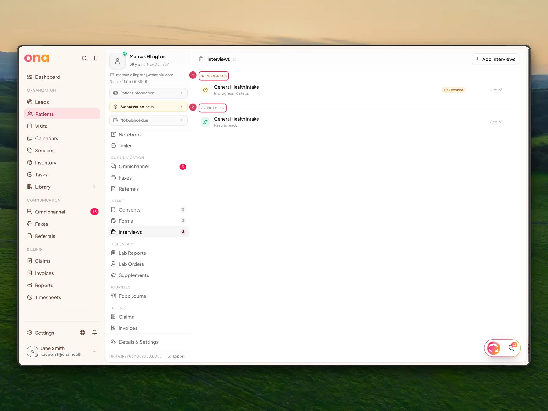 The patient Interviews tab shows assigned interviews grouped by status, including In progress and Completed groups for Marcus Ellington.