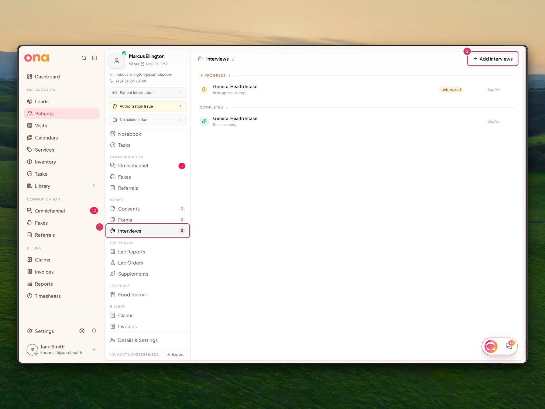 Marcus Ellington's patient chart is open on the Interviews tab after loading, with the Interviews navigation item and Add interviews button highlighted.