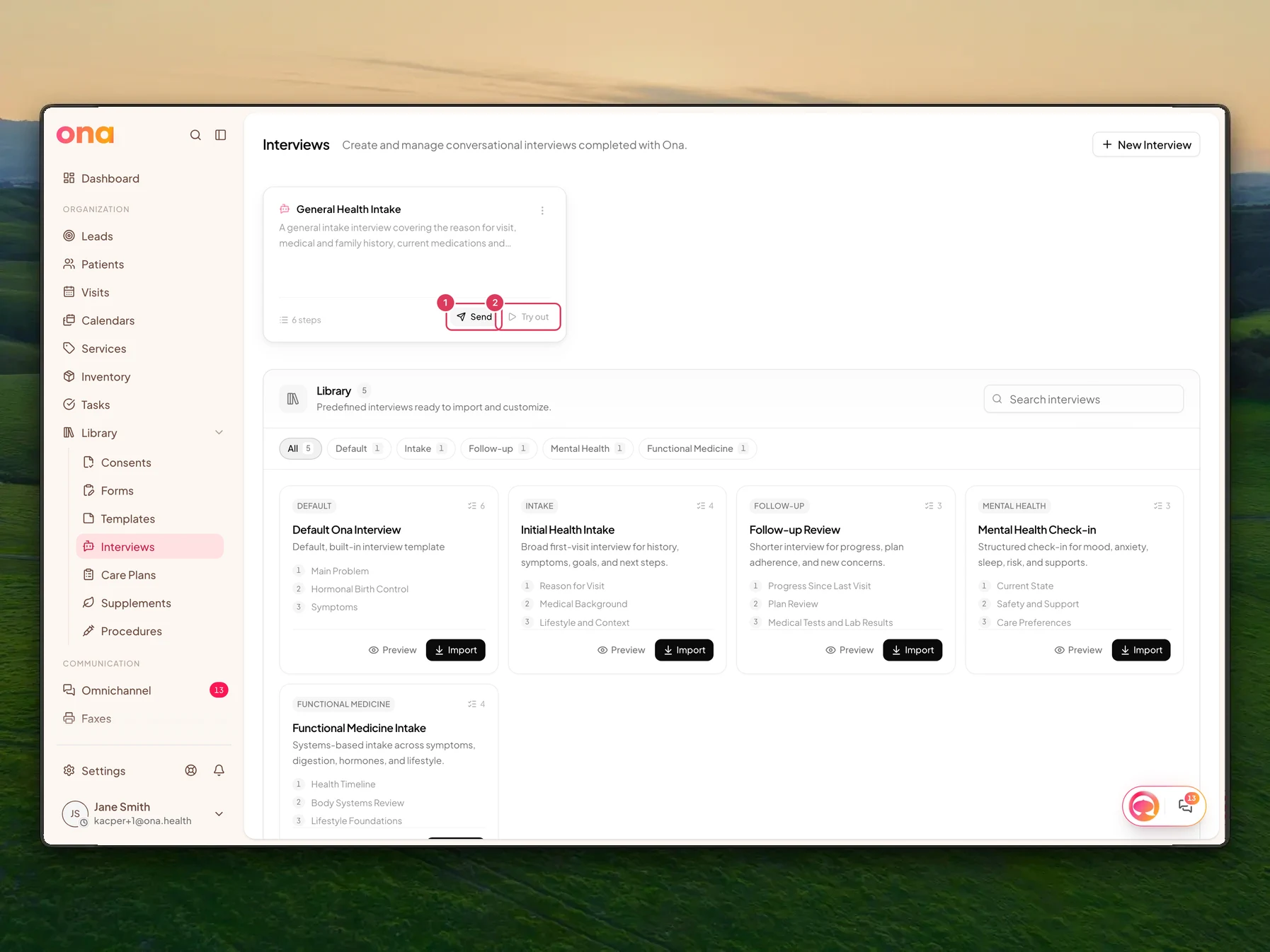 The Interviews page shows interview template cards with Send and Try out actions on each template card.