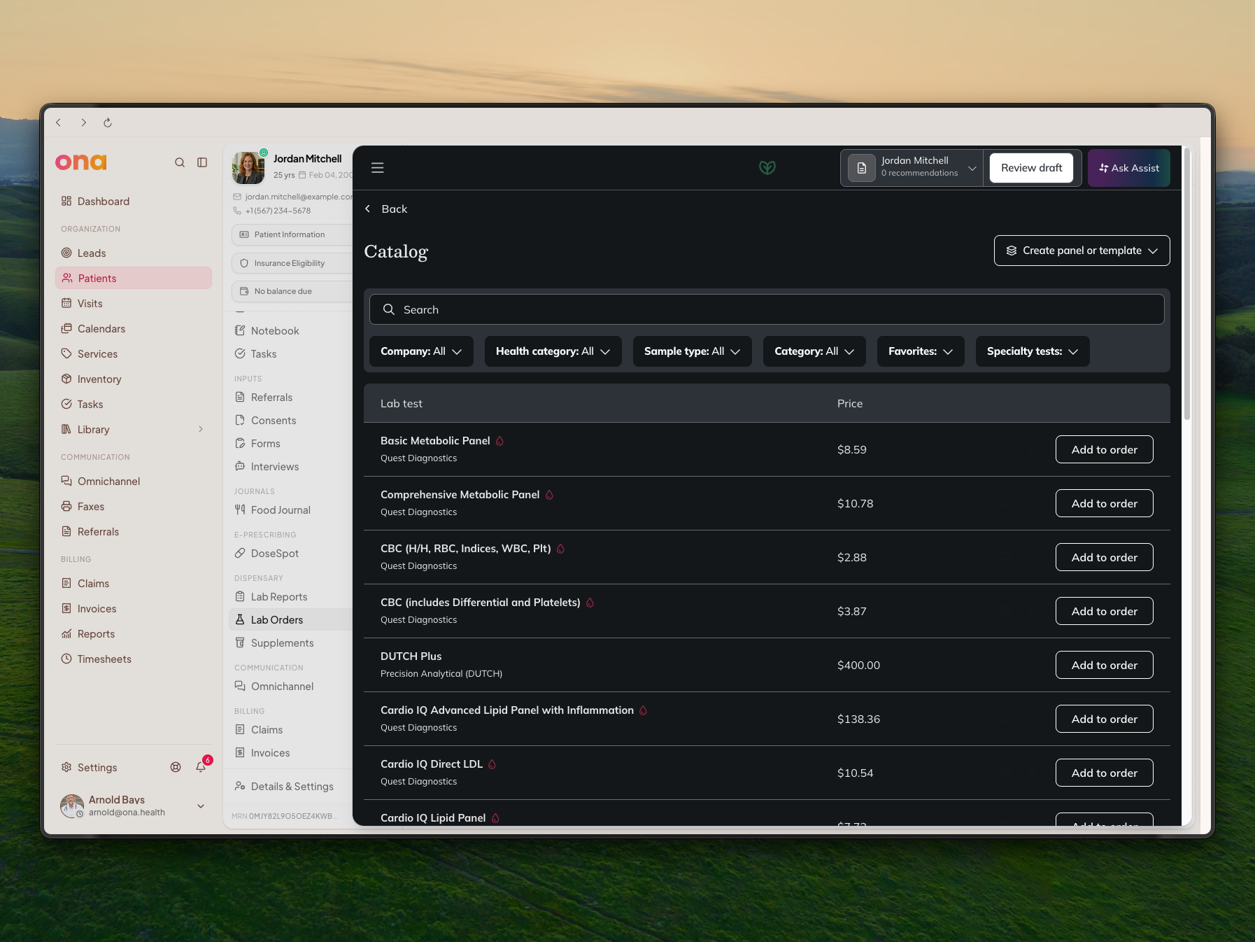 The Fullscript lab catalog open over the patient record, with search, company and sample-type filters, and an Add to order button beside each test