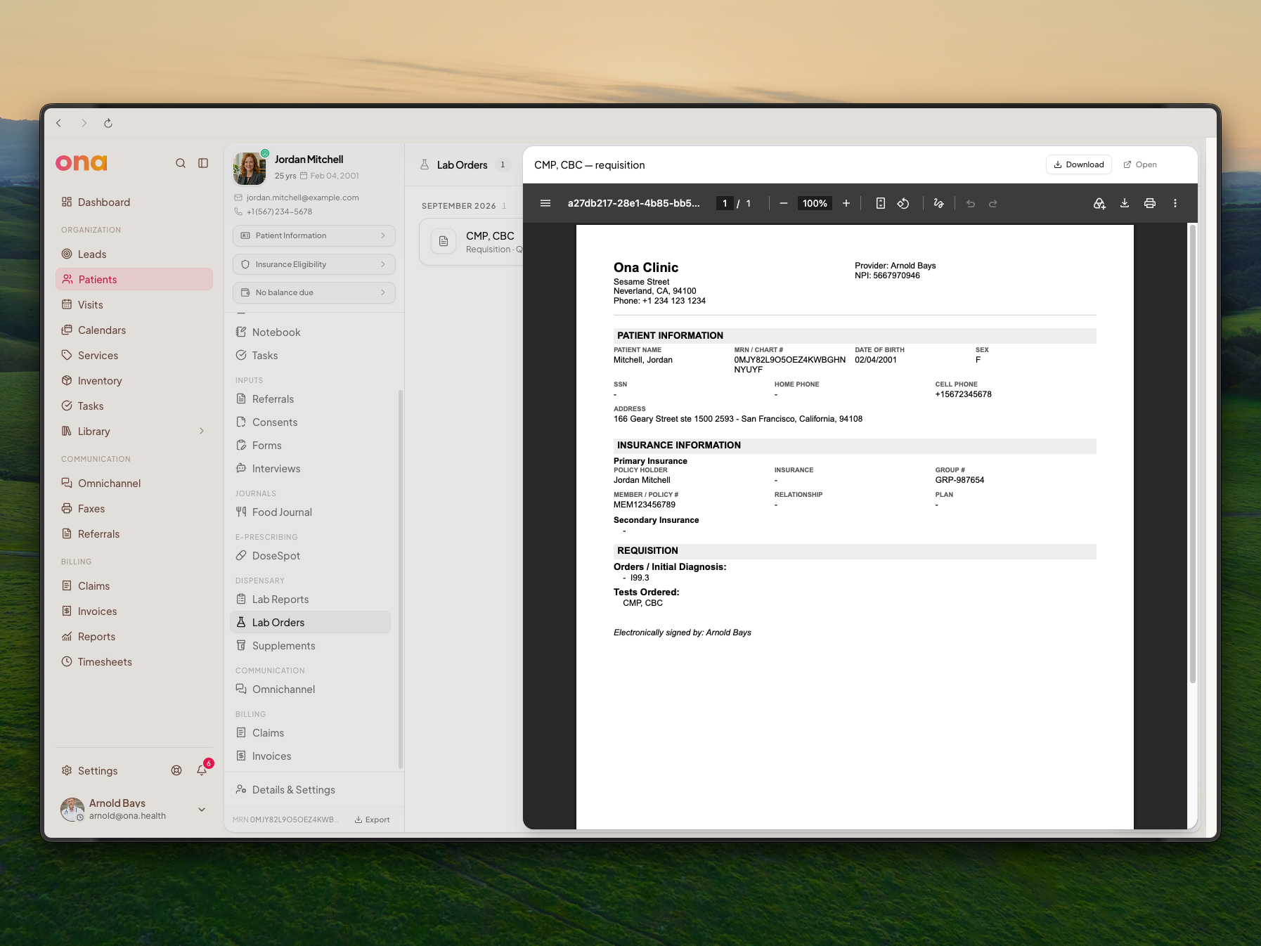A generated lab requisition PDF, showing the clinic header, provider NPI, patient information, insurance information, diagnosis codes, tests ordered and electronic signature