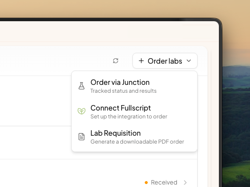 The Order labs menu, offering Order via Junction, Connect Fullscript and Lab Requisition