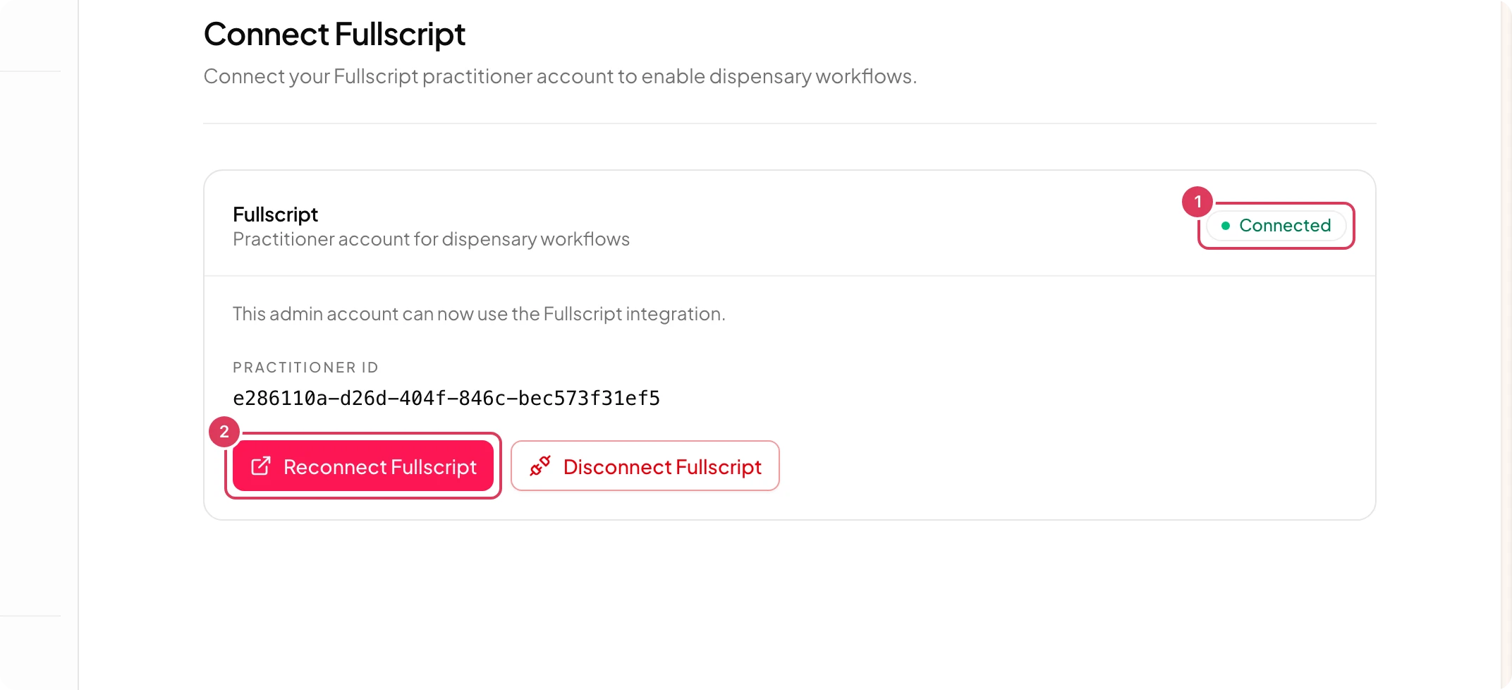 The Fullscript settings page shows the Fullscript integration card with a Connected status and a Reconnect Fullscript button.