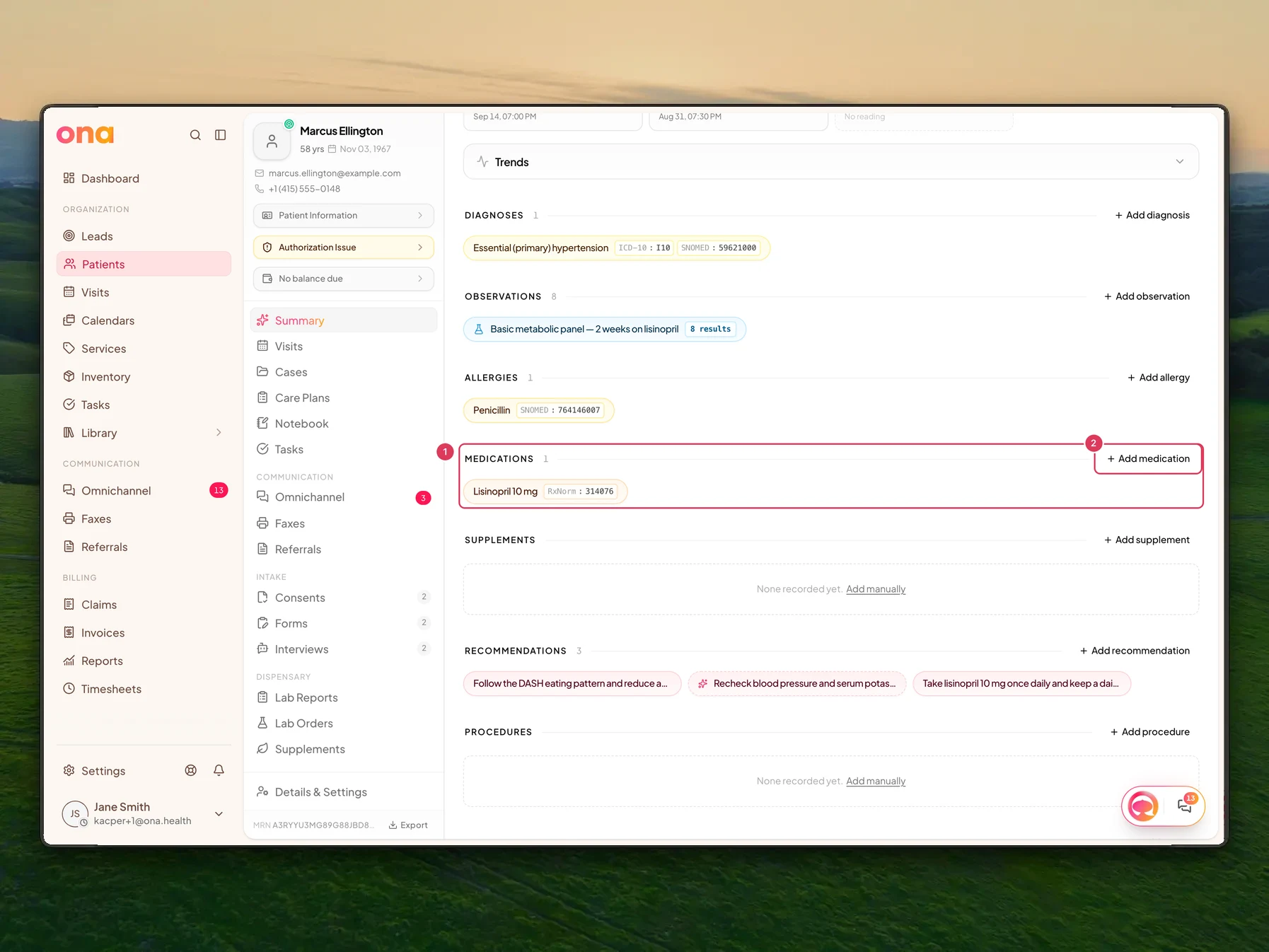 Marcus Ellington's patient chart Summary is open and scrolled to the Medications card, where the Add medication button is visible.