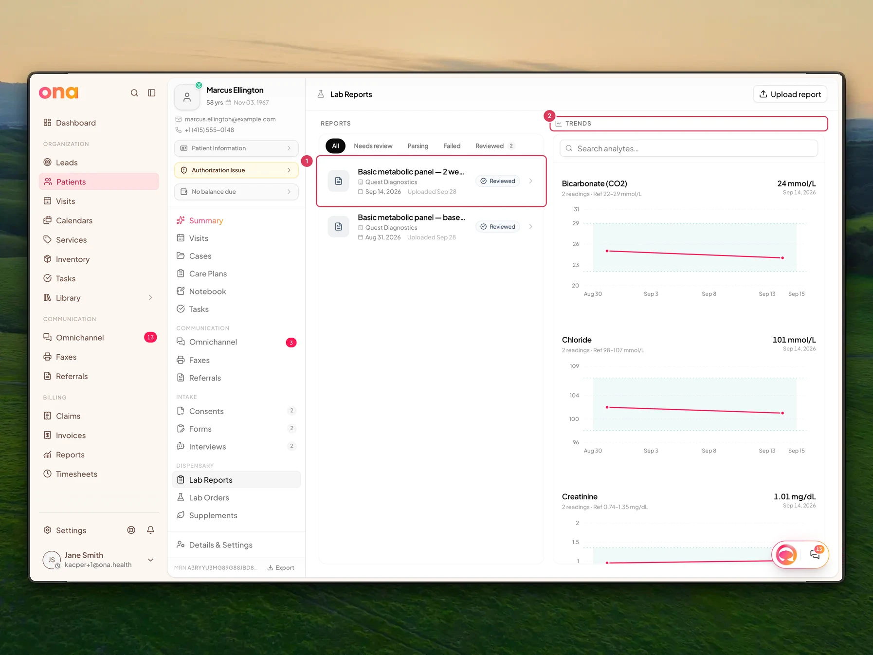 Marcus Ellington's Lab Reports page shows uploaded lab reports with Reviewed status and the Trends section with recent analyte results.
