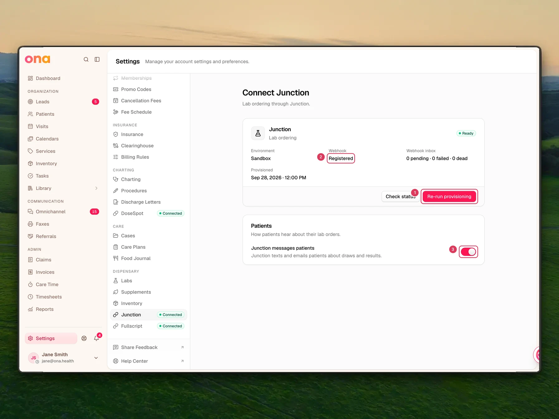 The Connect Junction settings page shows the Junction connection card with provisioning controls, ready status information, and the patient messaging setting.