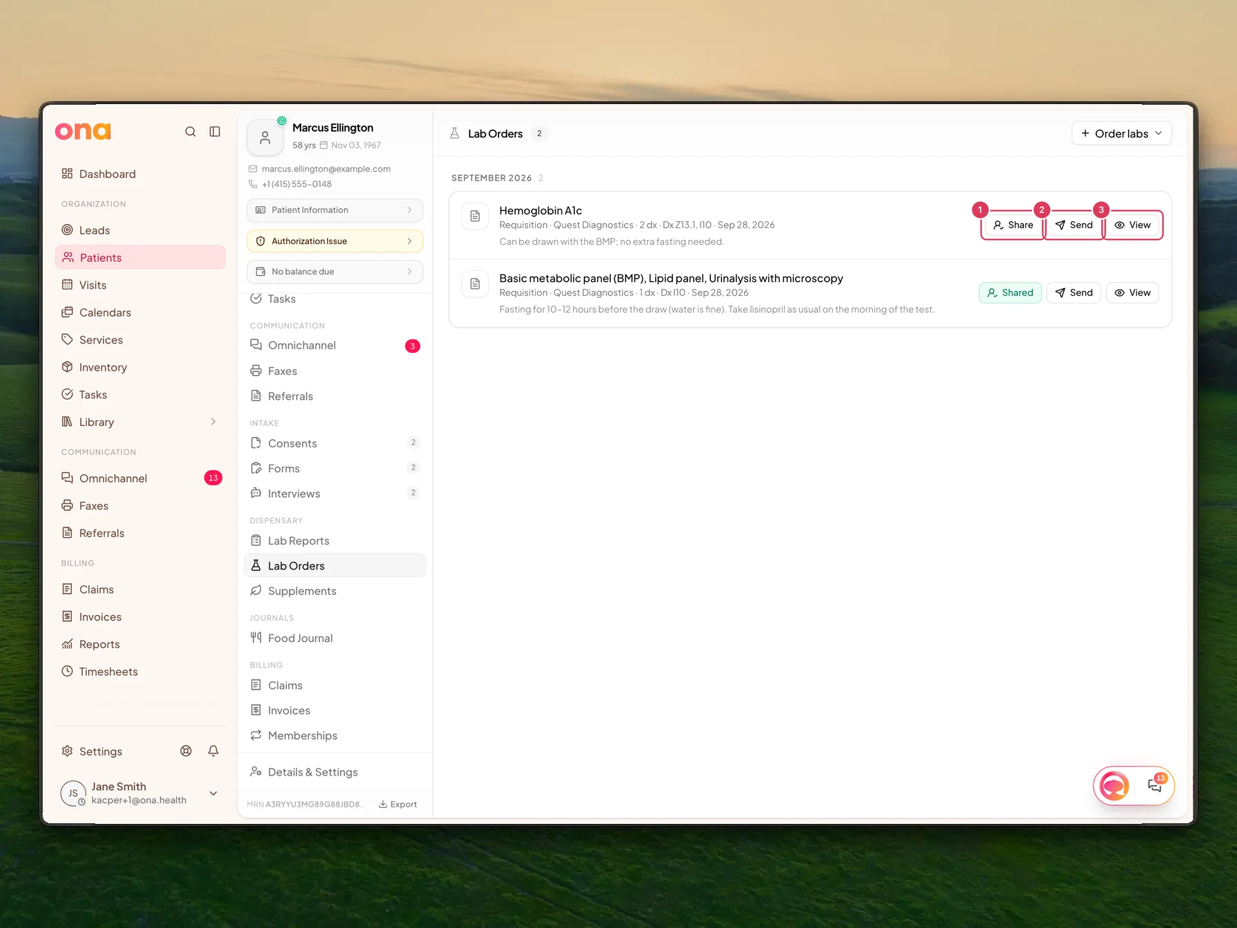The Lab Orders timeline is open with a generated requisition row showing Share, Send, and View actions.
