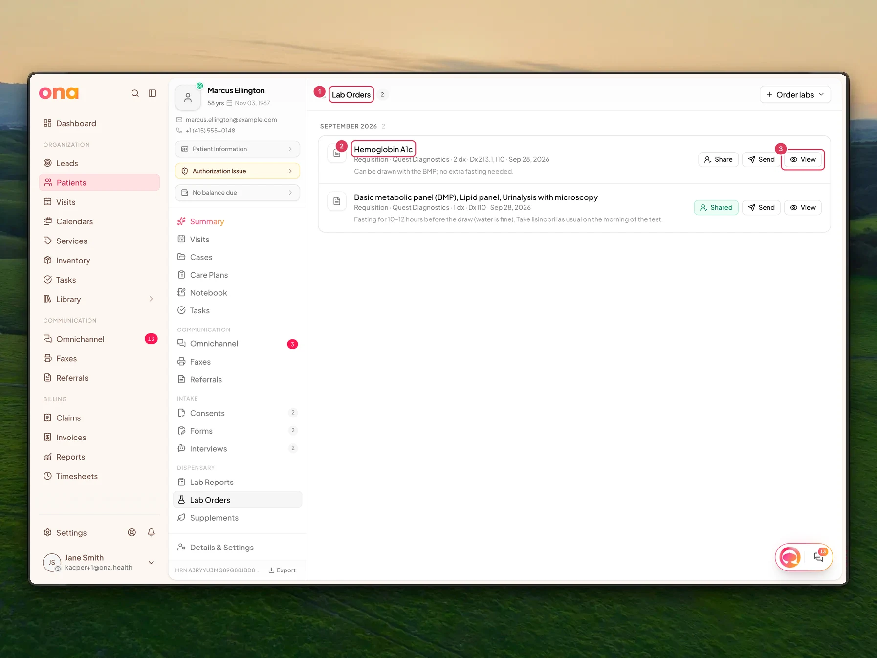 The patient Lab Orders page shows the lab order timeline with September 2026 requisition rows, including order details and the View action highlighted.