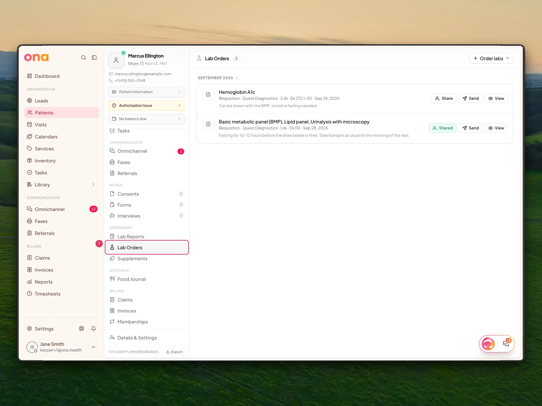 Marcus Ellington's patient chart is open on the Lab Orders page, with the Lab Orders item highlighted in the patient sidebar.