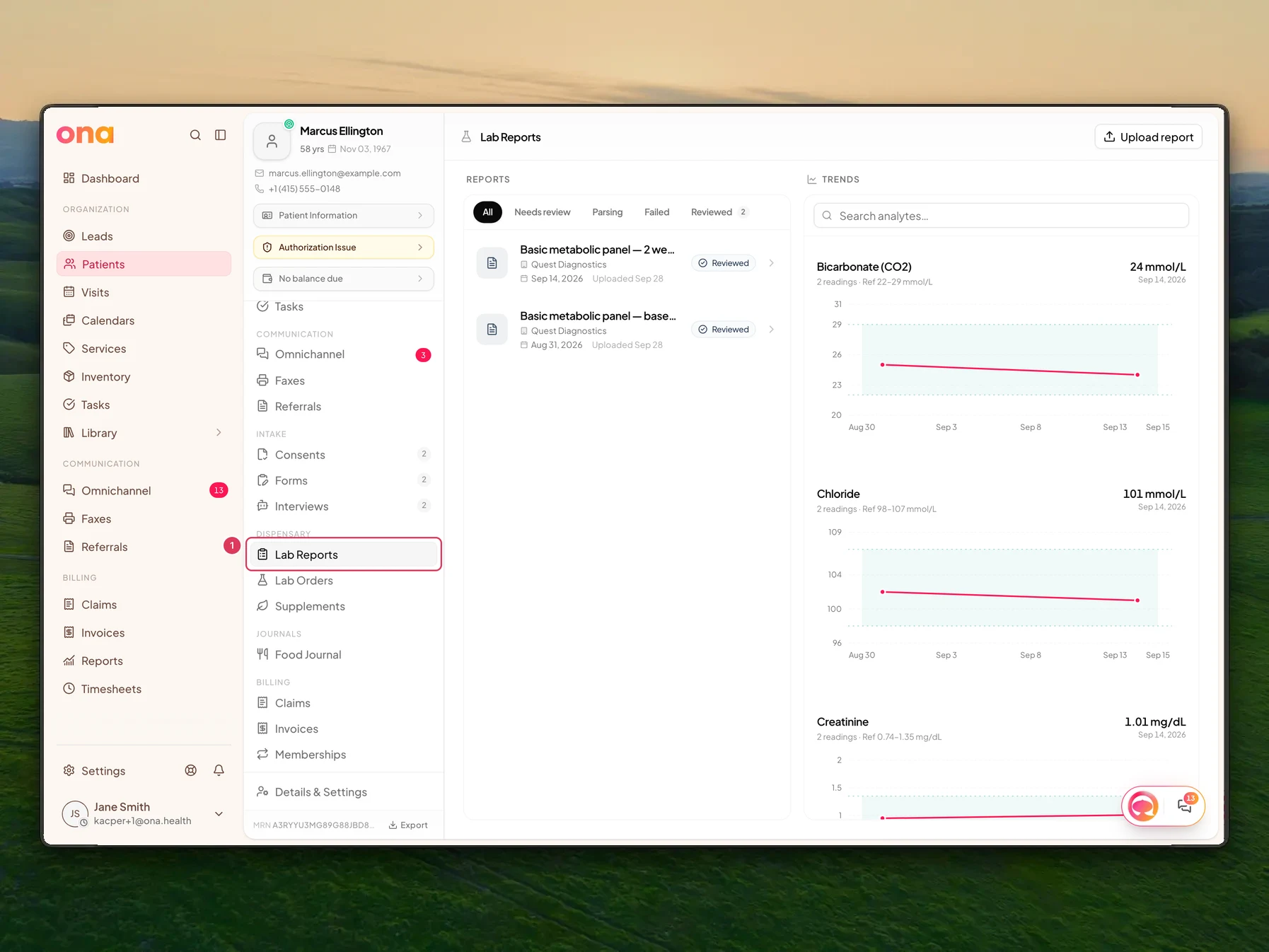 Marcus Ellington's patient chart is open on the Lab Reports page, with the Lab Reports chart tab highlighted in the patient sidebar.