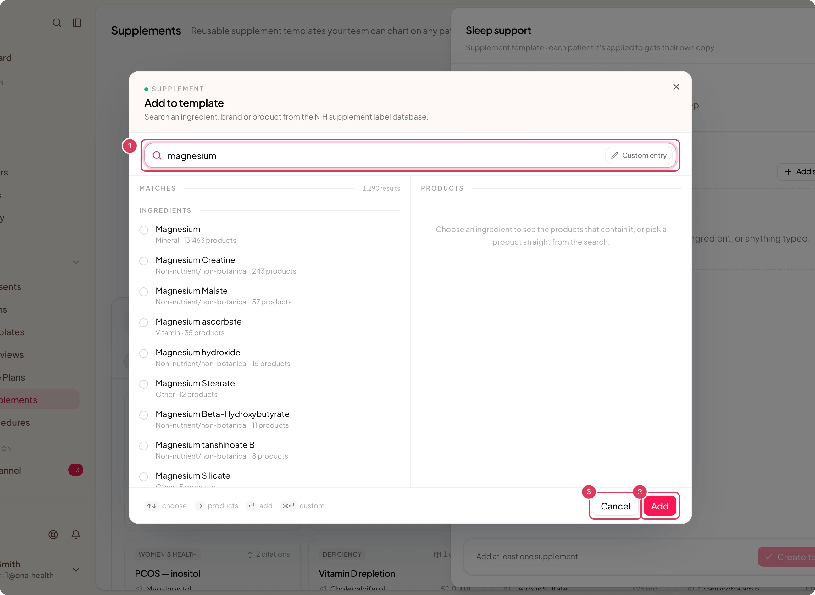 The Add to template dialog is open over a new supplement template sheet, with the search field filled with magnesium and the dialog's Add and Cancel buttons highlighted.
