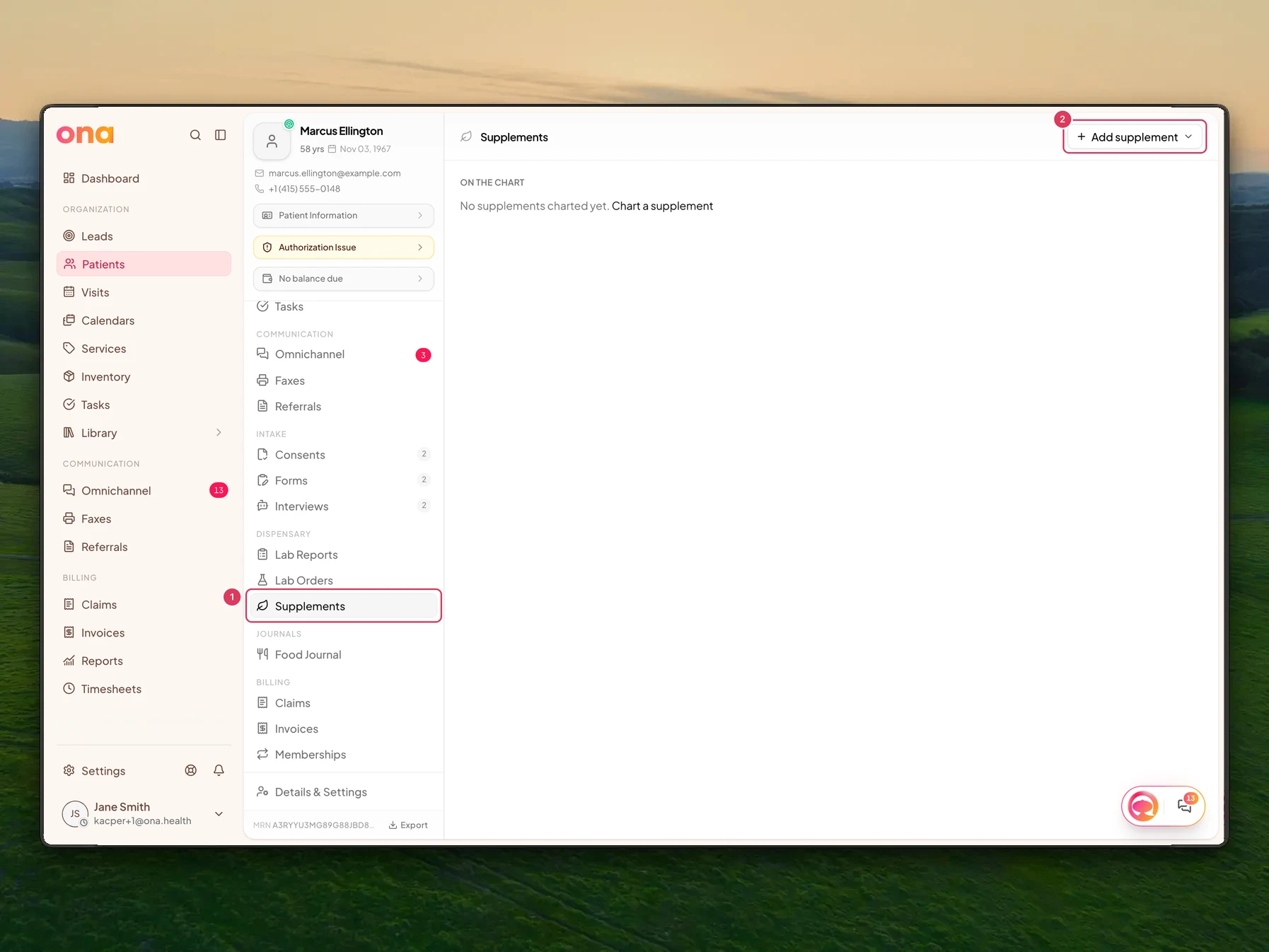 Marcus Ellington's patient chart is open on the Supplements tab, with the Supplements navigation item and Add supplement button highlighted.