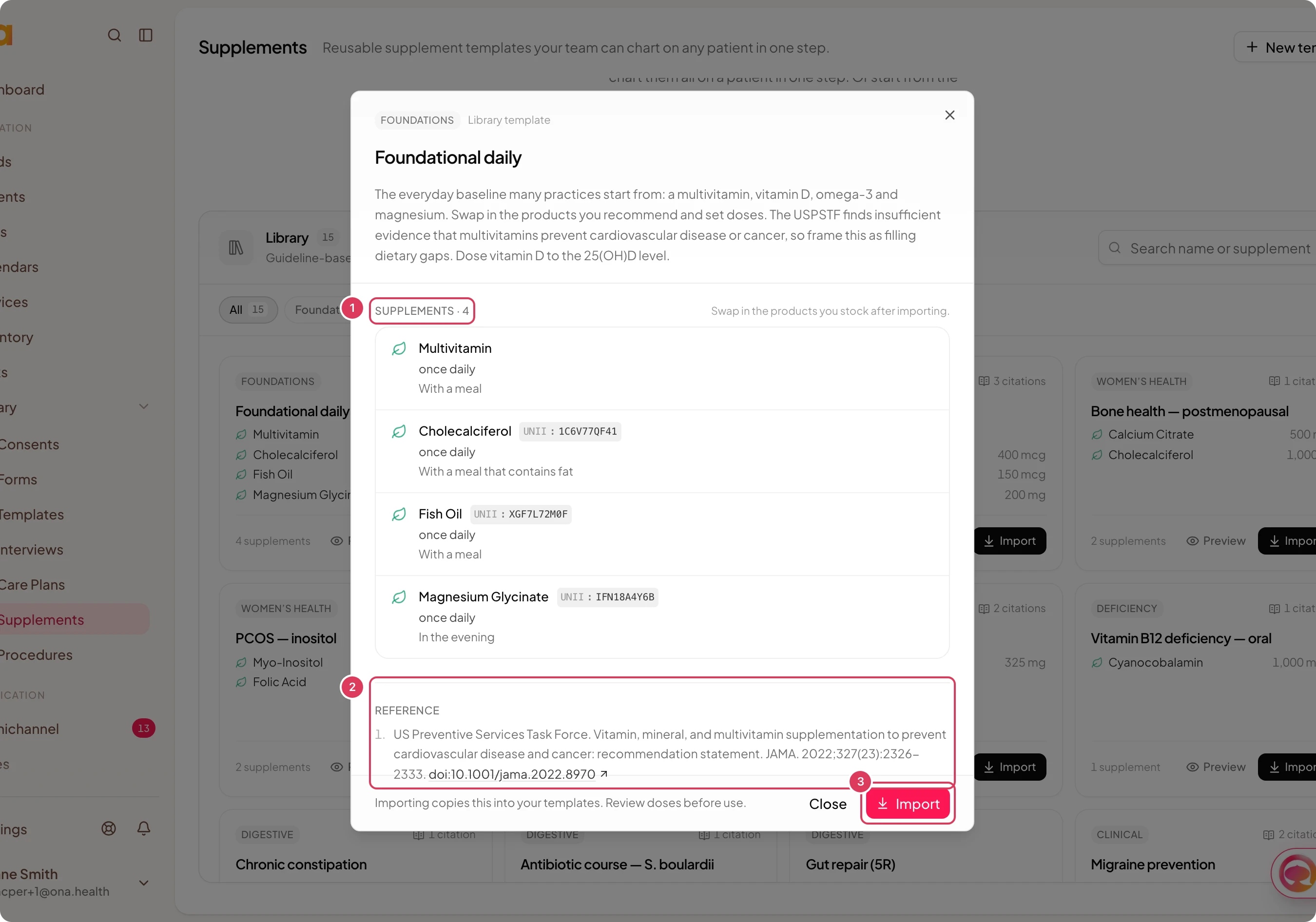 A starter supplement template preview dialog is open for Foundational daily, showing its supplement list, source reference, and Import button.