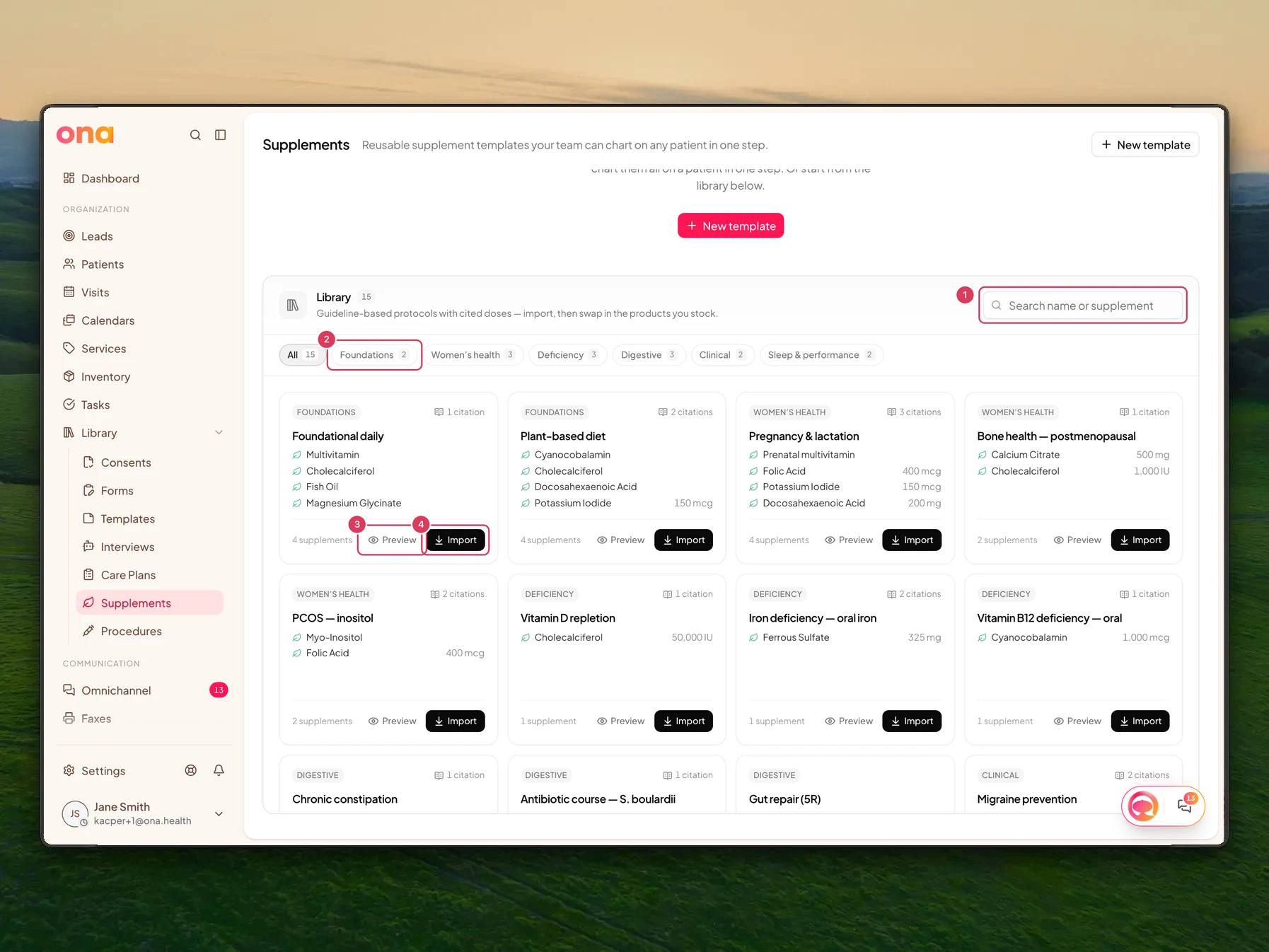 The Supplement Templates page is scrolled to the Library section with a search box, category chips, and starter template cards with Preview and Import buttons.