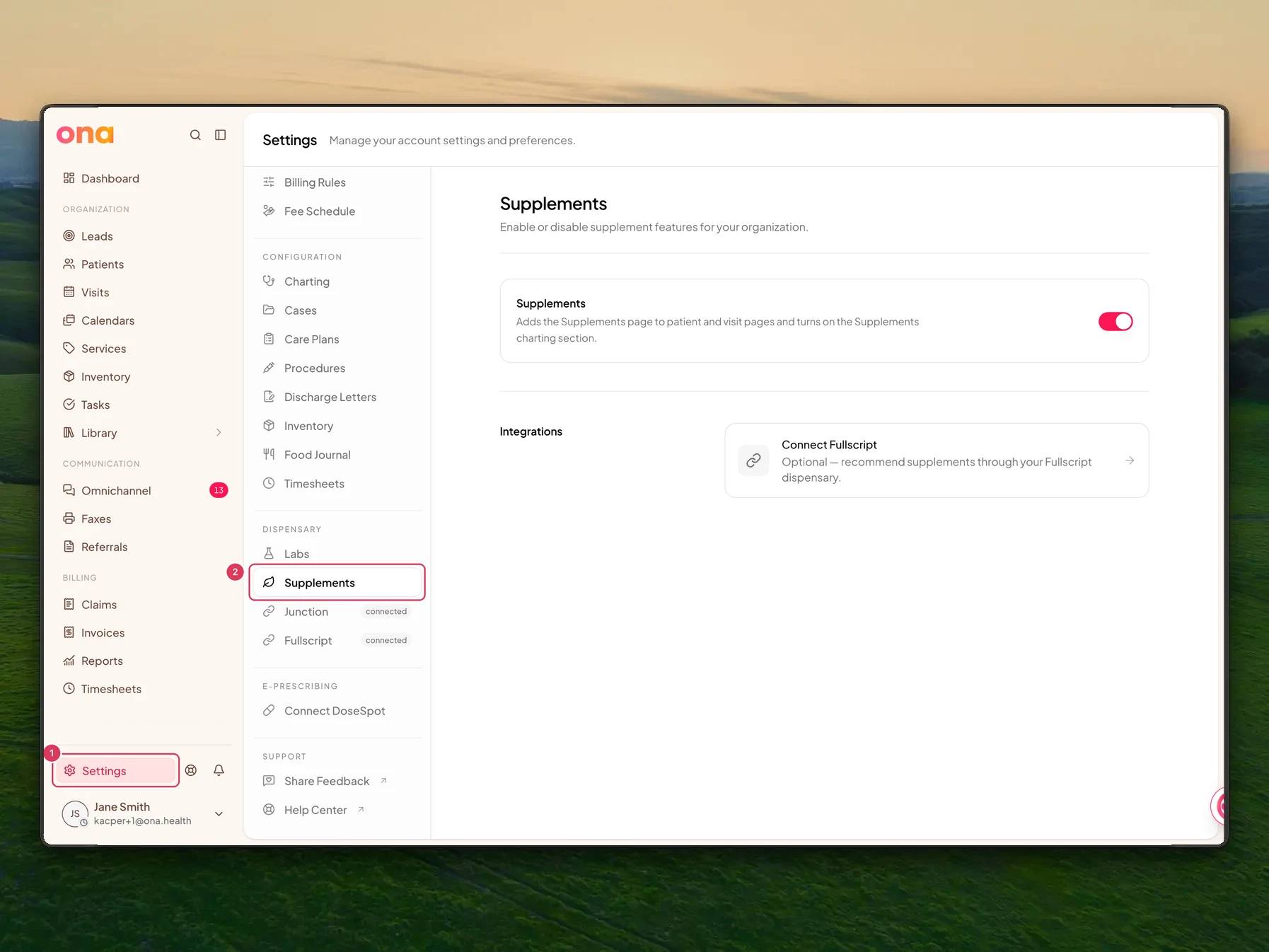 The supplement settings page is open with Settings highlighted in the left sidebar and Supplements highlighted in the dispensary settings menu.