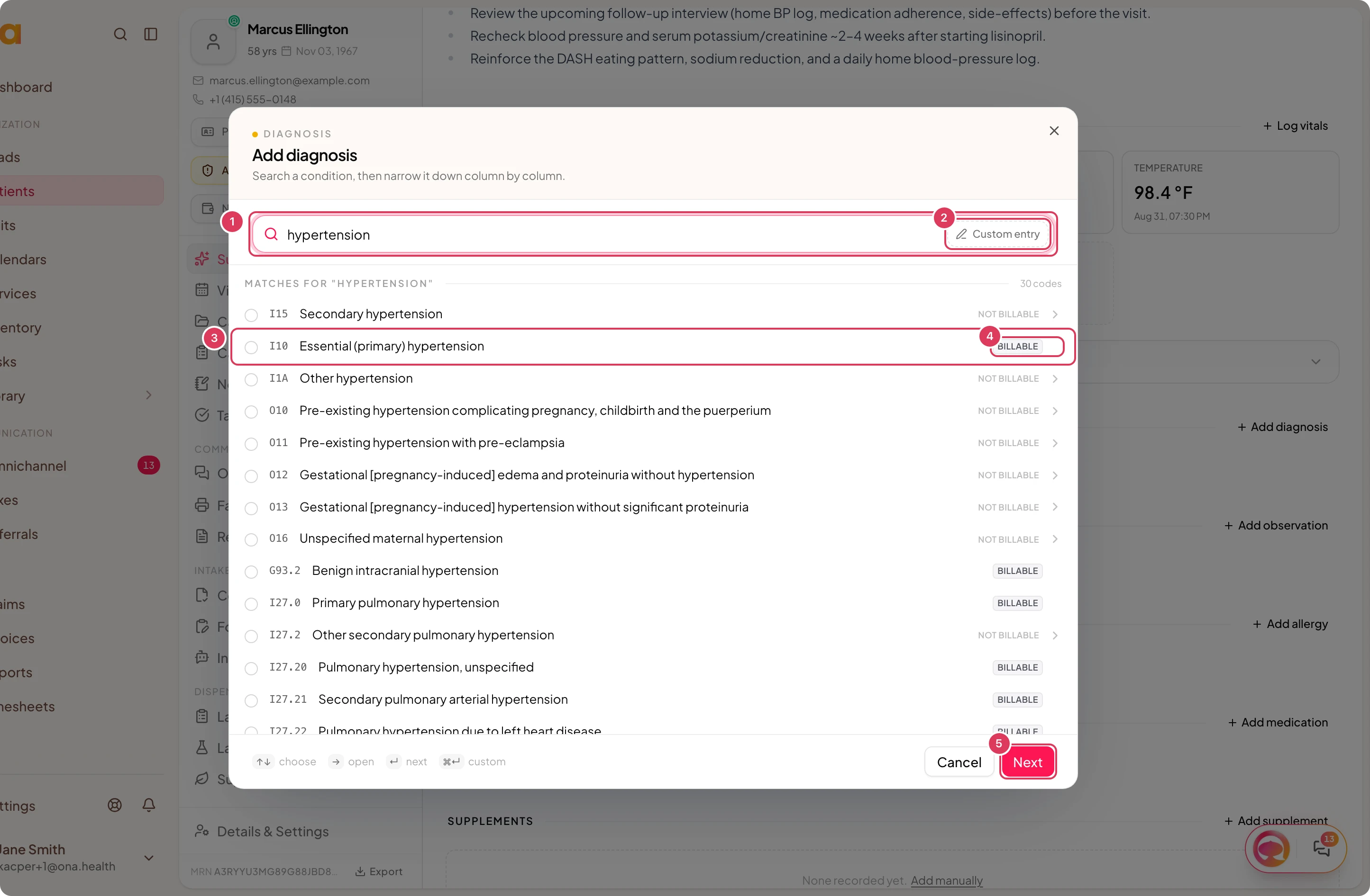 The Add diagnosis dialog shows a search field, a custom entry option, ICD-10 matches, billable status, and the Next button.