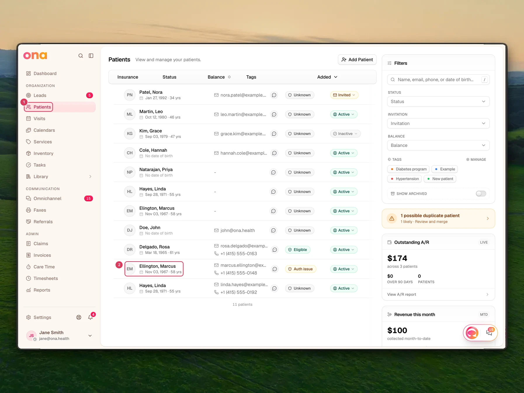 The Patients list is open from the left sidebar, and the Marcus Ellington name is visible as the place to click after Patients.