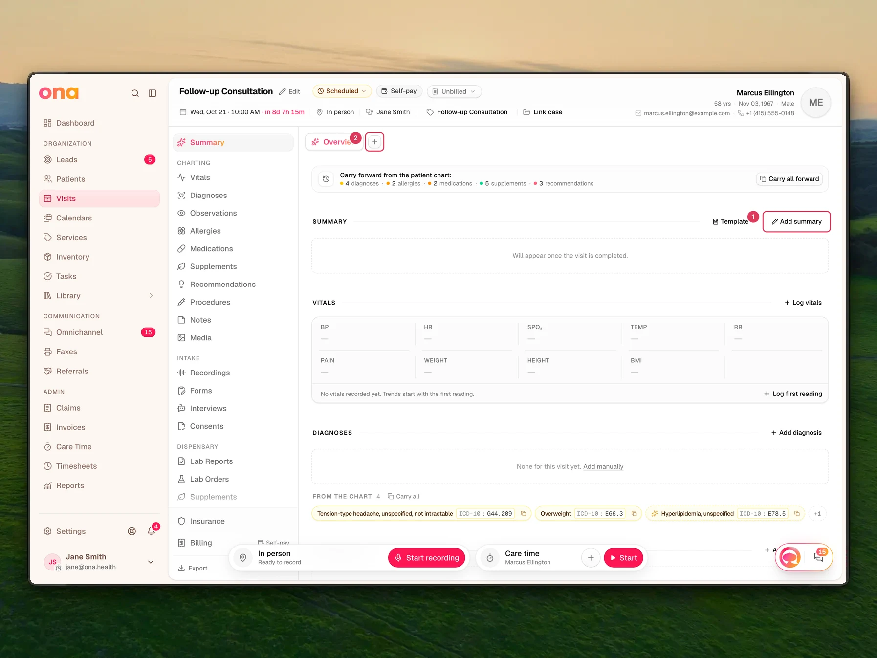 Marcus Ellington's visit page is open with the visit section navigation on the left, the Summary section selected, and the read-only visit controls visible.