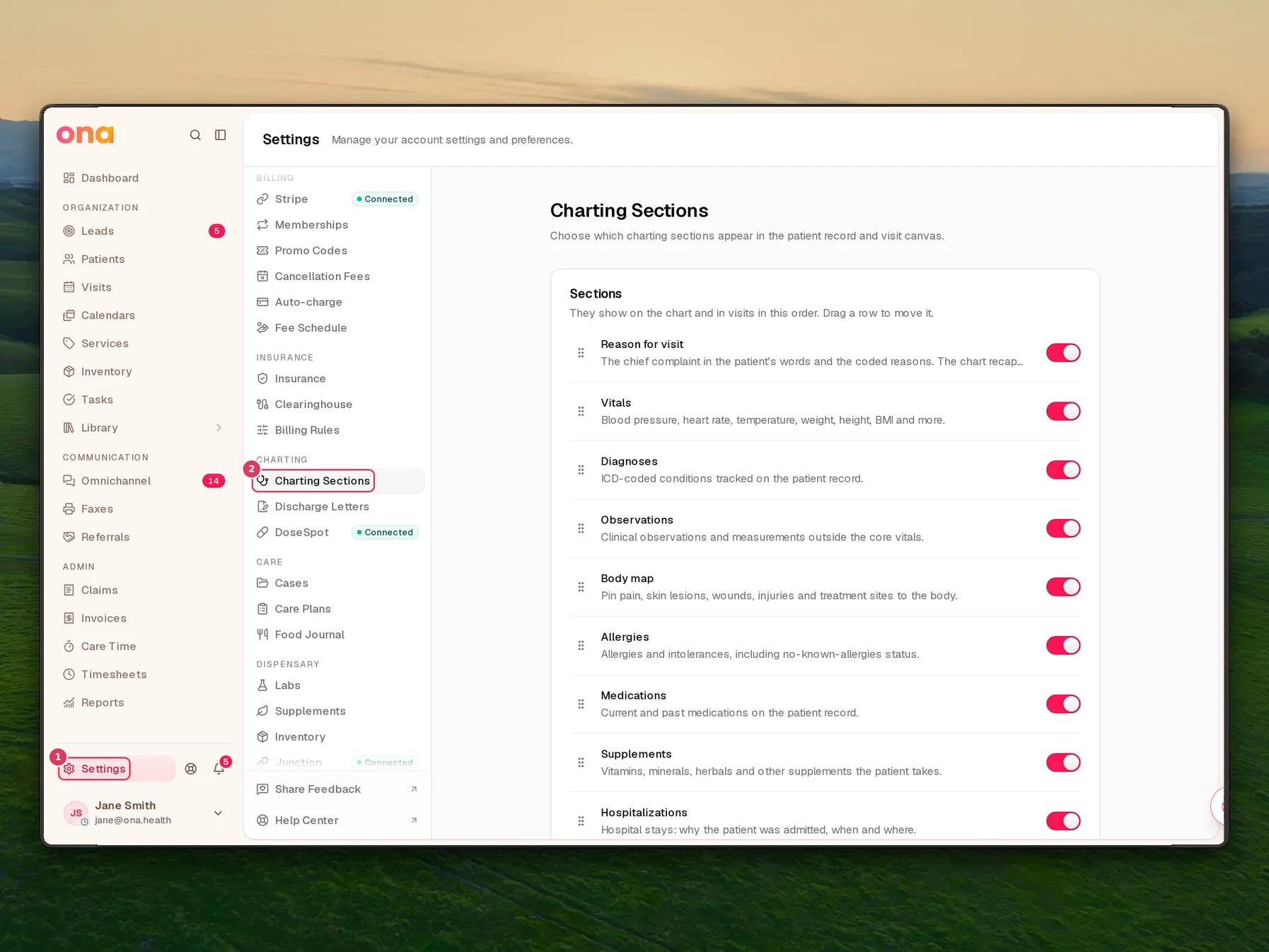The Settings page is open with the Charting Sections link visible in the settings sidebar, and the Body map configuration section shown in the main panel.
