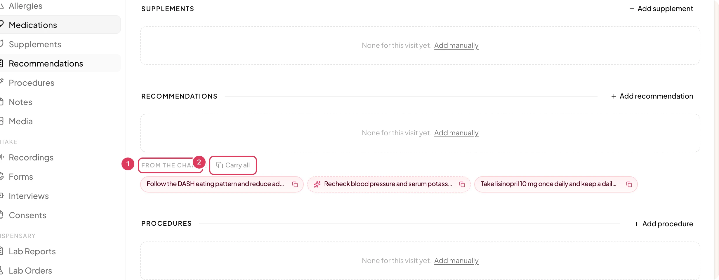 The Recommendations section of a visit shows a From the chart band with multiple chart recommendations and a Carry all button for adding them to the visit.