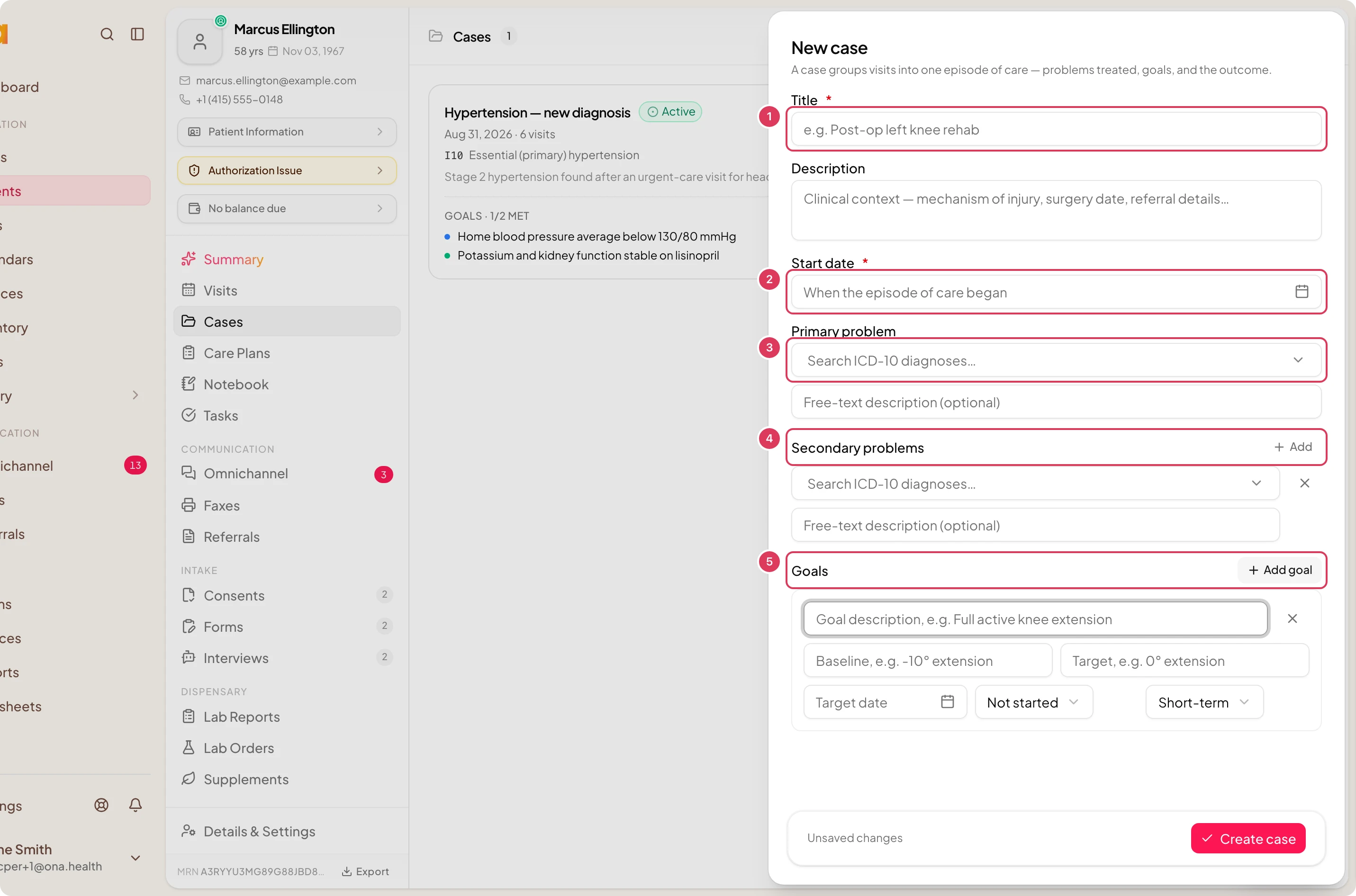 The New case sheet is open with fields for title, description, start date, primary problem, secondary problems and goals.