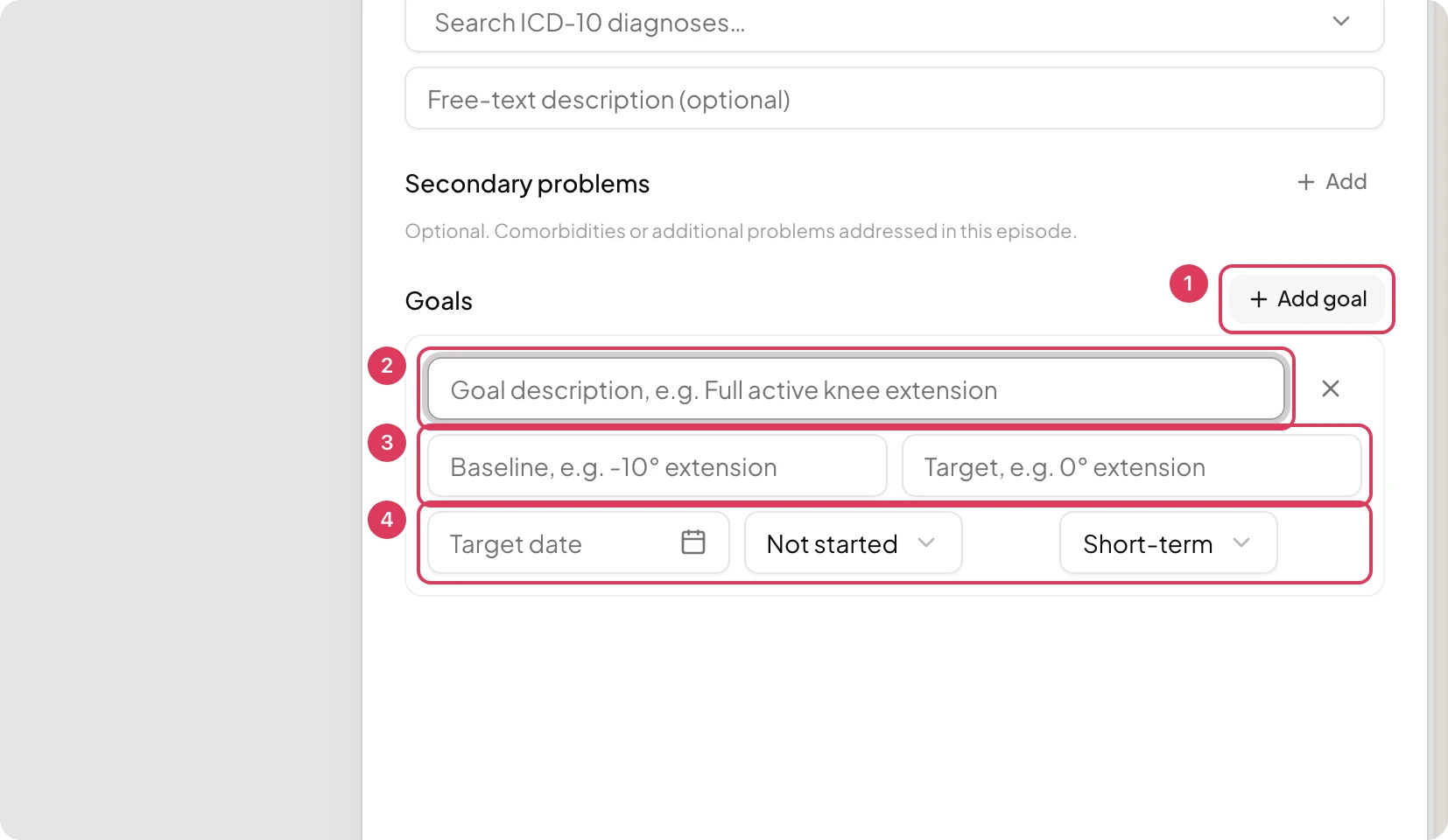 The Goals section of the New case sheet shows an added goal row with description, baseline, target, target date, status and term controls.