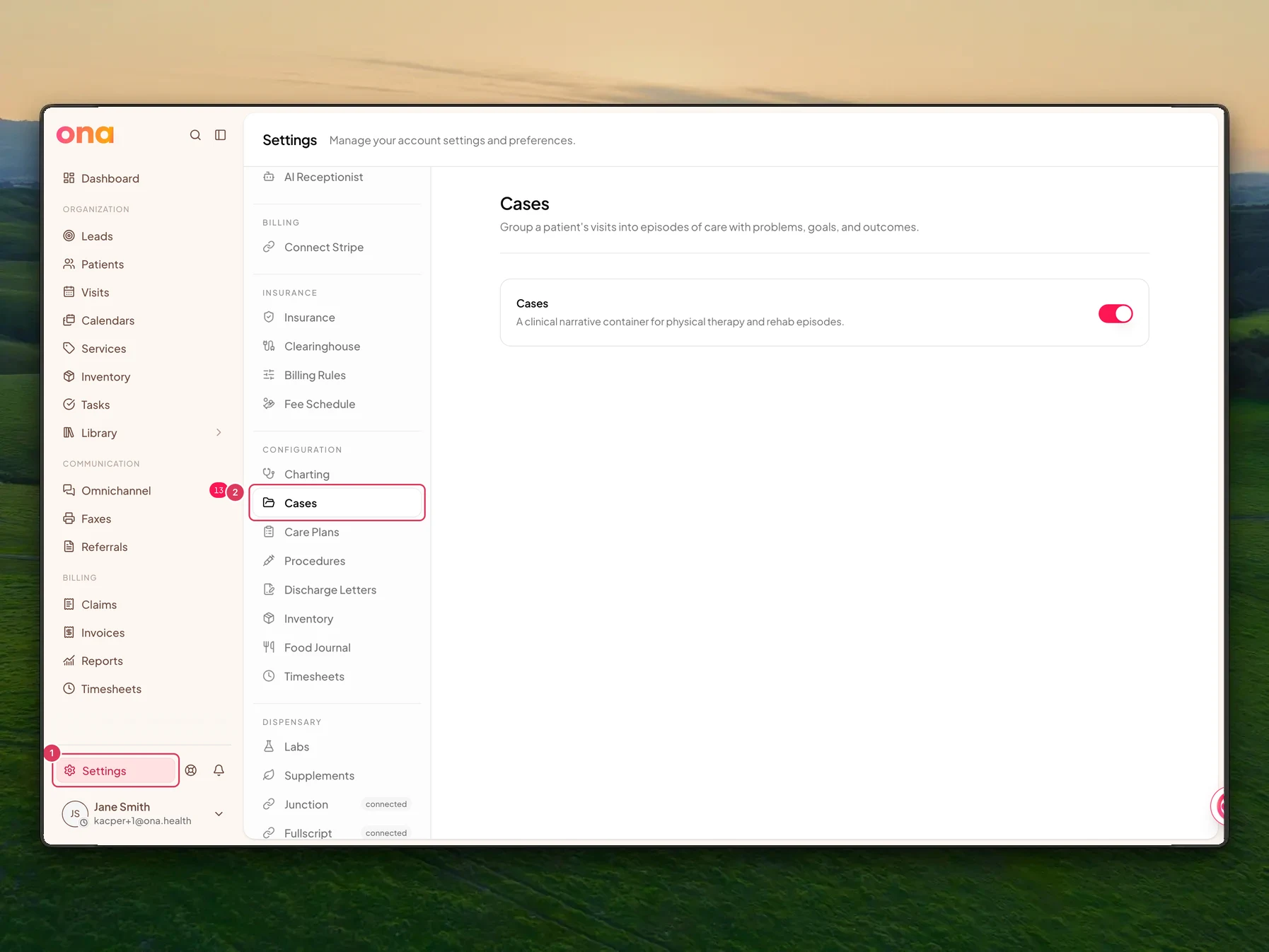 The Settings area is open with Settings highlighted in the left sidebar and Cases highlighted in the settings menu.