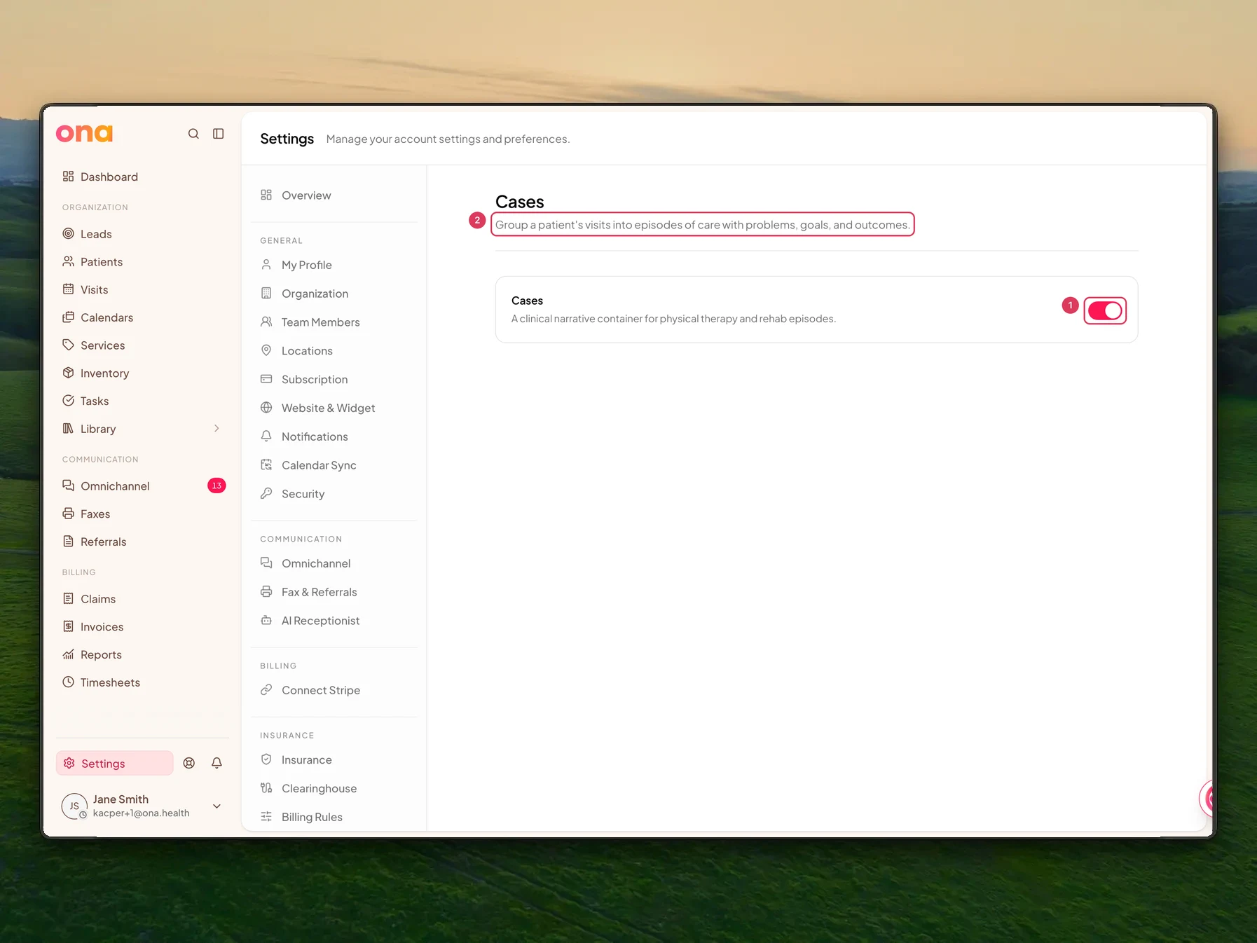 The Cases settings page shows the Cases feature gate with a switch and a short description of how cases group visits into episodes of care.