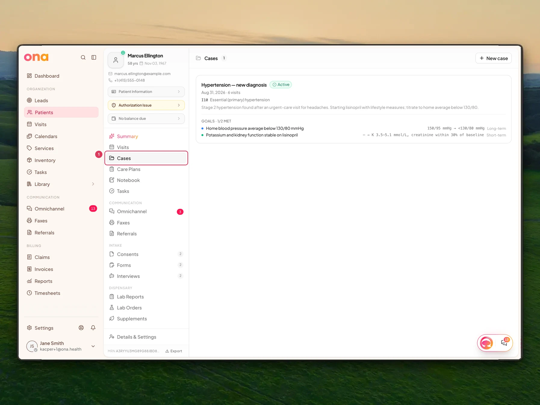 Marcus Ellington's patient chart is open with the Cases tab visible in the chart navigation.