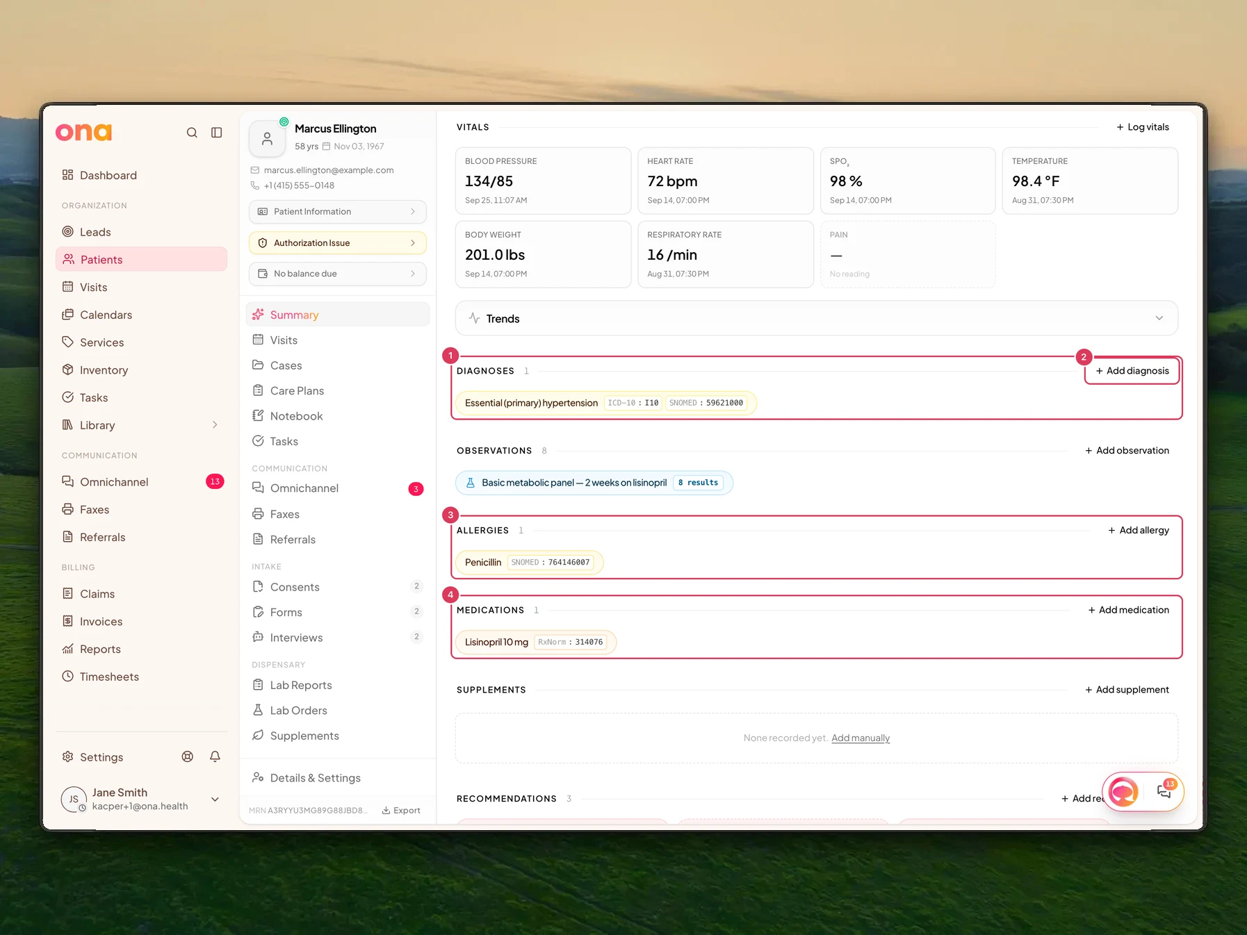 The patient chart shows clinical record sections with diagnoses, medications, allergies and observations summarized in separate areas.