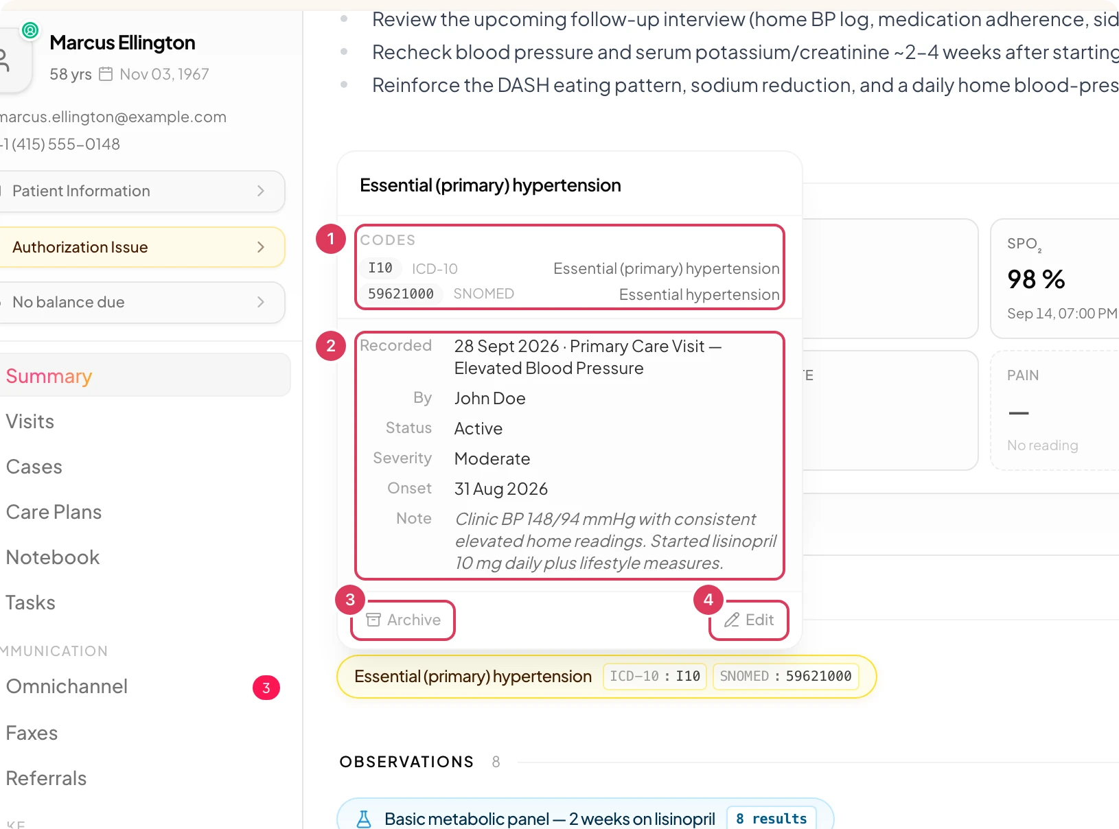 A diagnosis detail card shows ICD-10 and SNOMED codes, recorded details, status, severity, onset, note, Archive, and Edit actions.