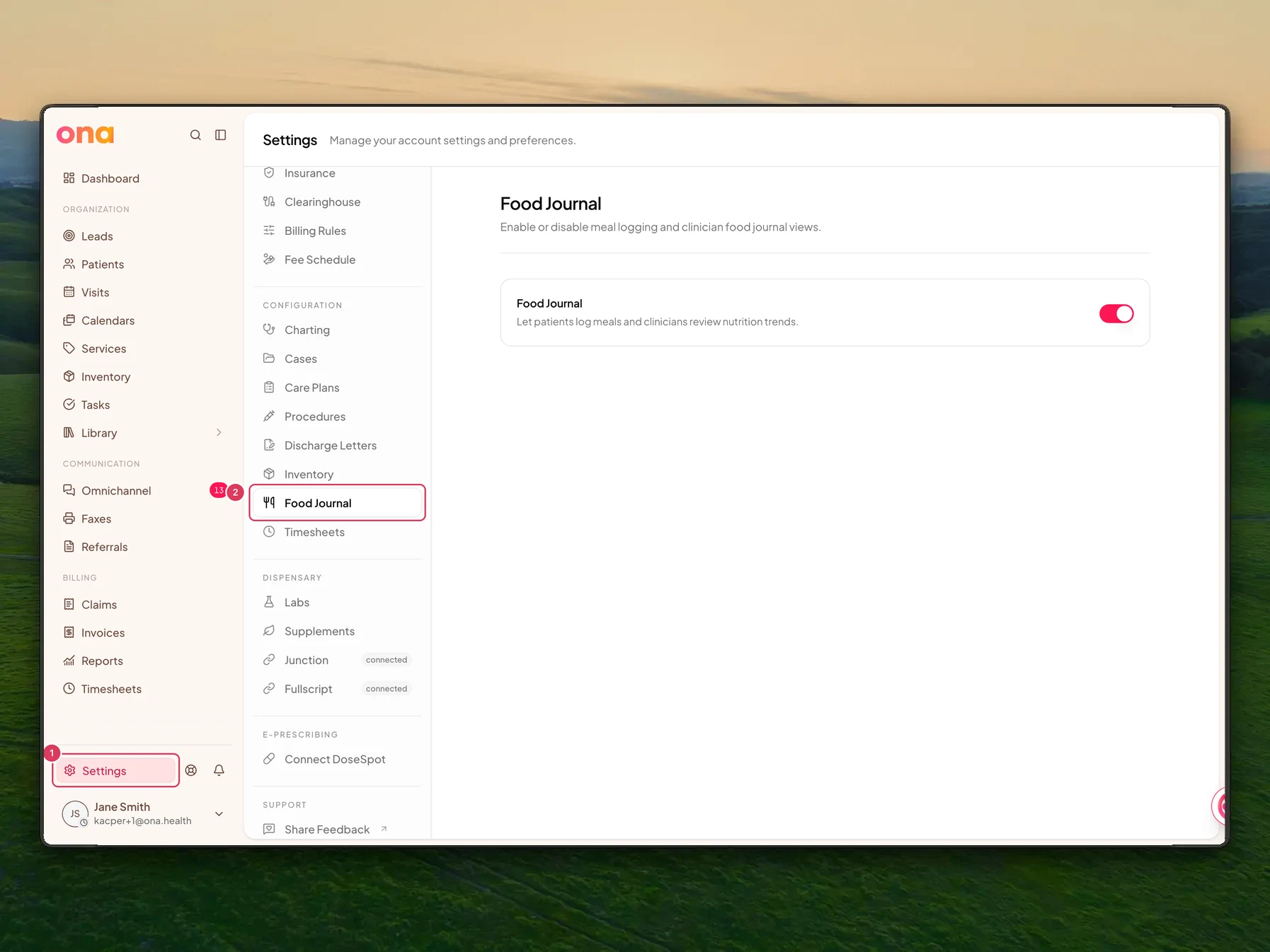 The Food Journal settings page is open with the Settings link in the main sidebar and Food Journal link in the settings menu highlighted.