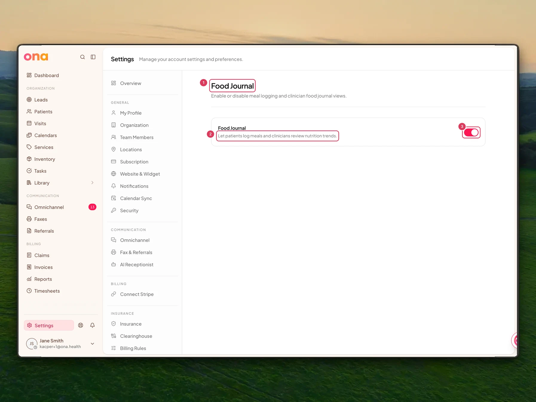 The Food Journal settings page shows the feature description and the checked switch that enables patient meal logging and clinician nutrition review.