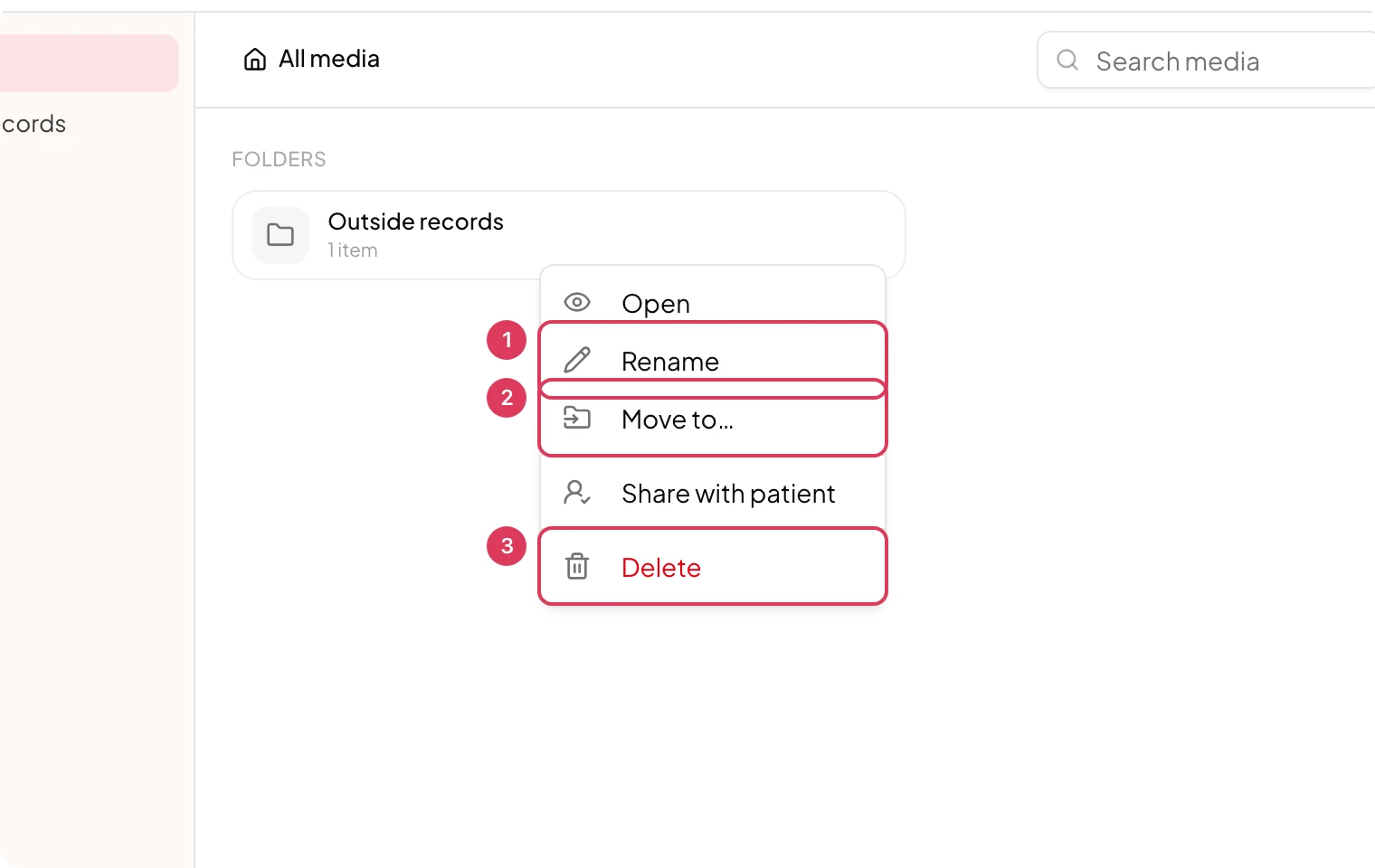 A media item's actions menu is open with Open, Rename, Move to, Share with patient, and Delete options visible.
