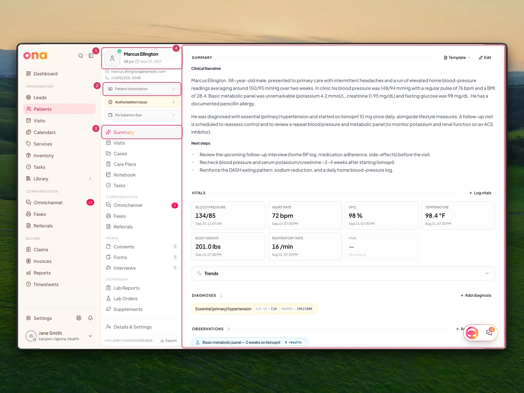 The patient chart is open on Marcus Ellington's Summary, with the patient sidebar on the left and the current chart overview in the main pane.